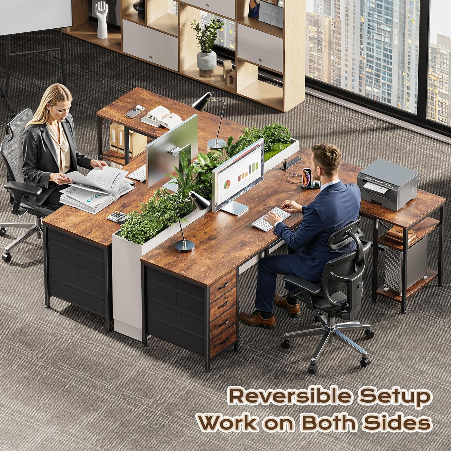 Huuger 55 Inch L Shaped Desk with Fabric Drawers, Reversible Computer Gaming Desk with Power Outlets and USB-C Port, Adjustable Side Storage Shelves, for Work Corner Home Office, Rustic Brown