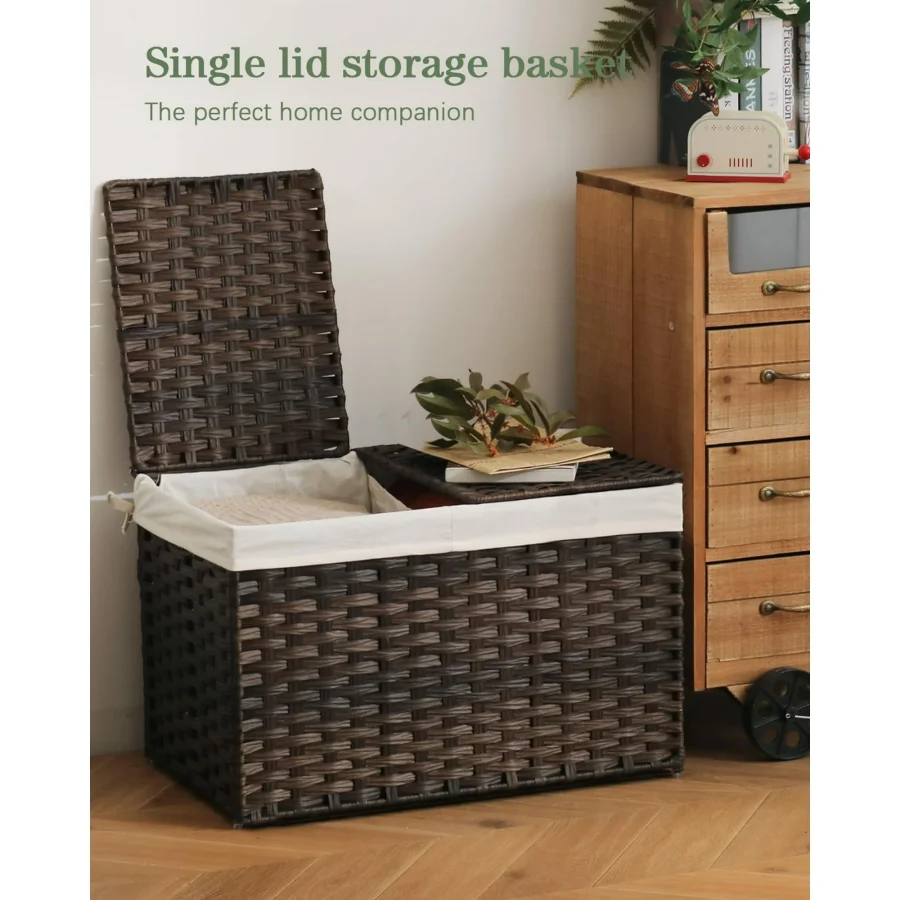 Storage Basket with Lid Rattan Woven Storage Baskets with 2 Separate Lids, 17.2 Gallon (65 L), 22 x 13 x 13.8 Inches,Foldable, 2 Removable Liner Bags Handles for Bedroom, Laundry Room Brown