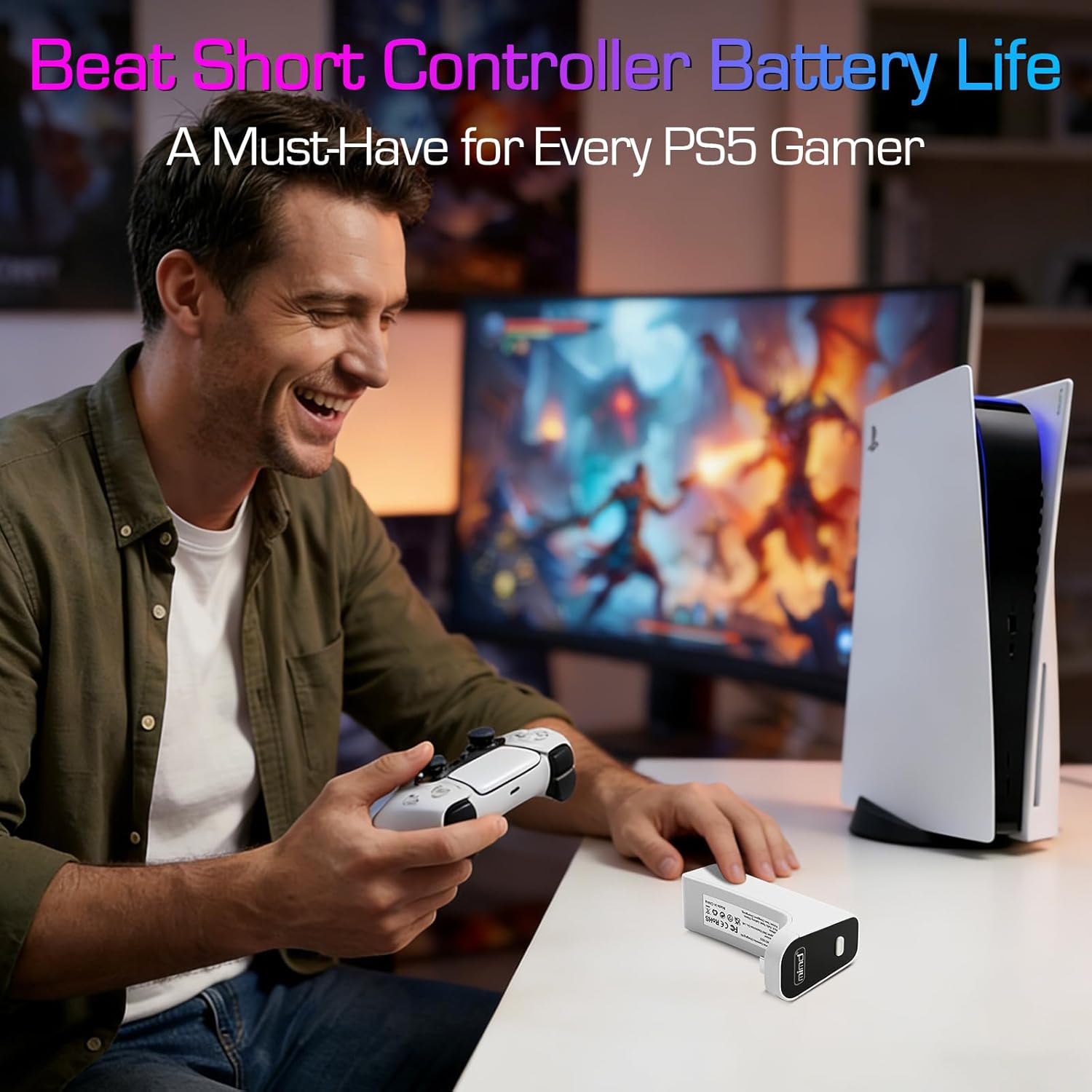 Wireless Charger for PS5 Controller with 2000mAh Battery Pack, Play While Charging for PlayStation 5 Controller Charger LED Display 12H Extended Playtime Ultra-Light Portable Not for Edge