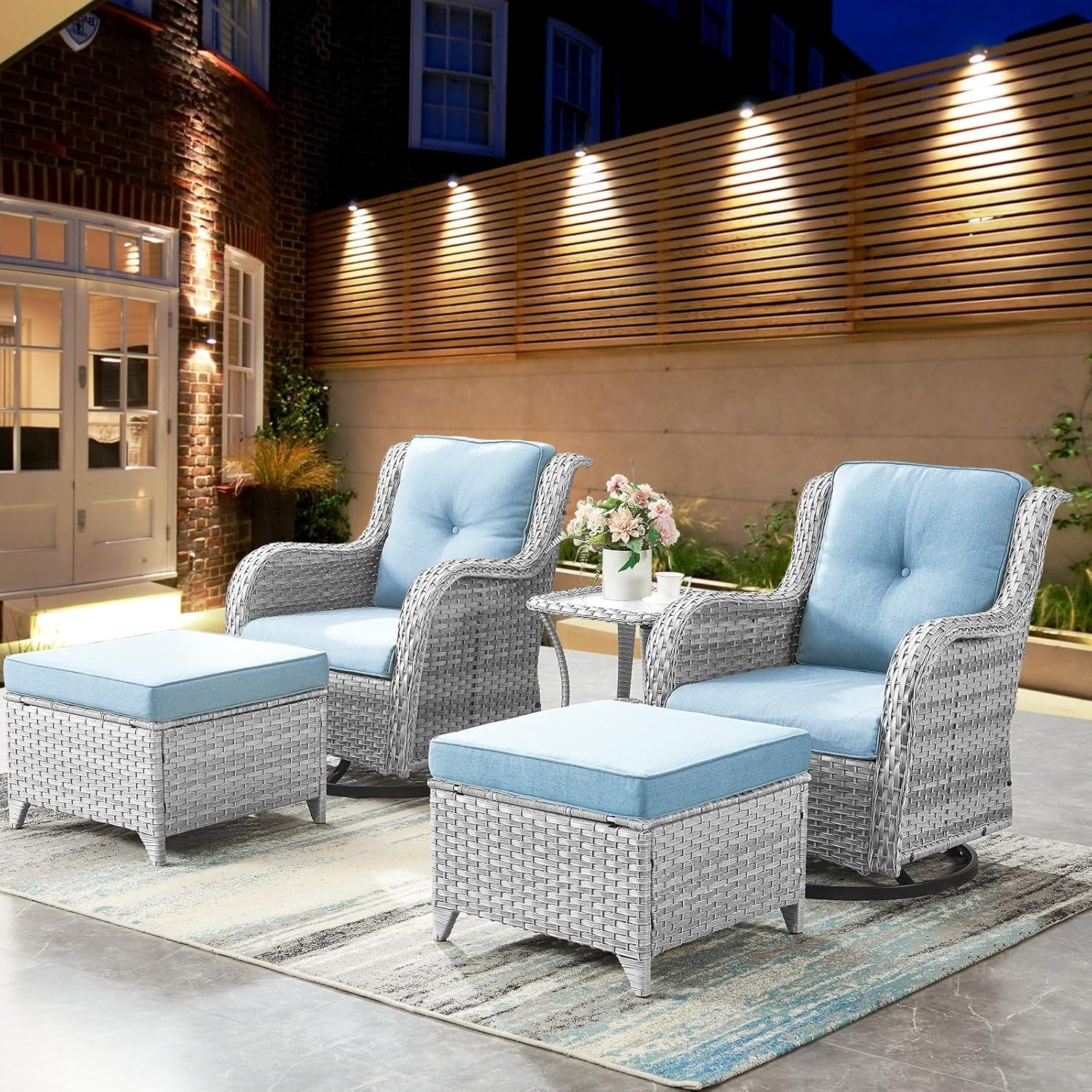 5 Piece Patio Swivel Rocker Furniture Set: Outdoor Swivel Glider Wicker Chairs with Ottomans Side Table, Outdoor Furniture Rocking Seating Set for Porch Balcony Garden, Light Grey