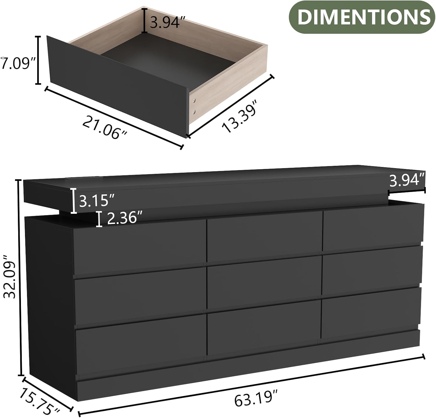 Gyfimoie 9 Drawer Dresser with Power Outlet, Dresser with LED Light, Modern Chest of Drawers for Closet, Double Wide Drawer Organizer Cabinet for Bedroom, Living Room (Black, 9 Drawers)