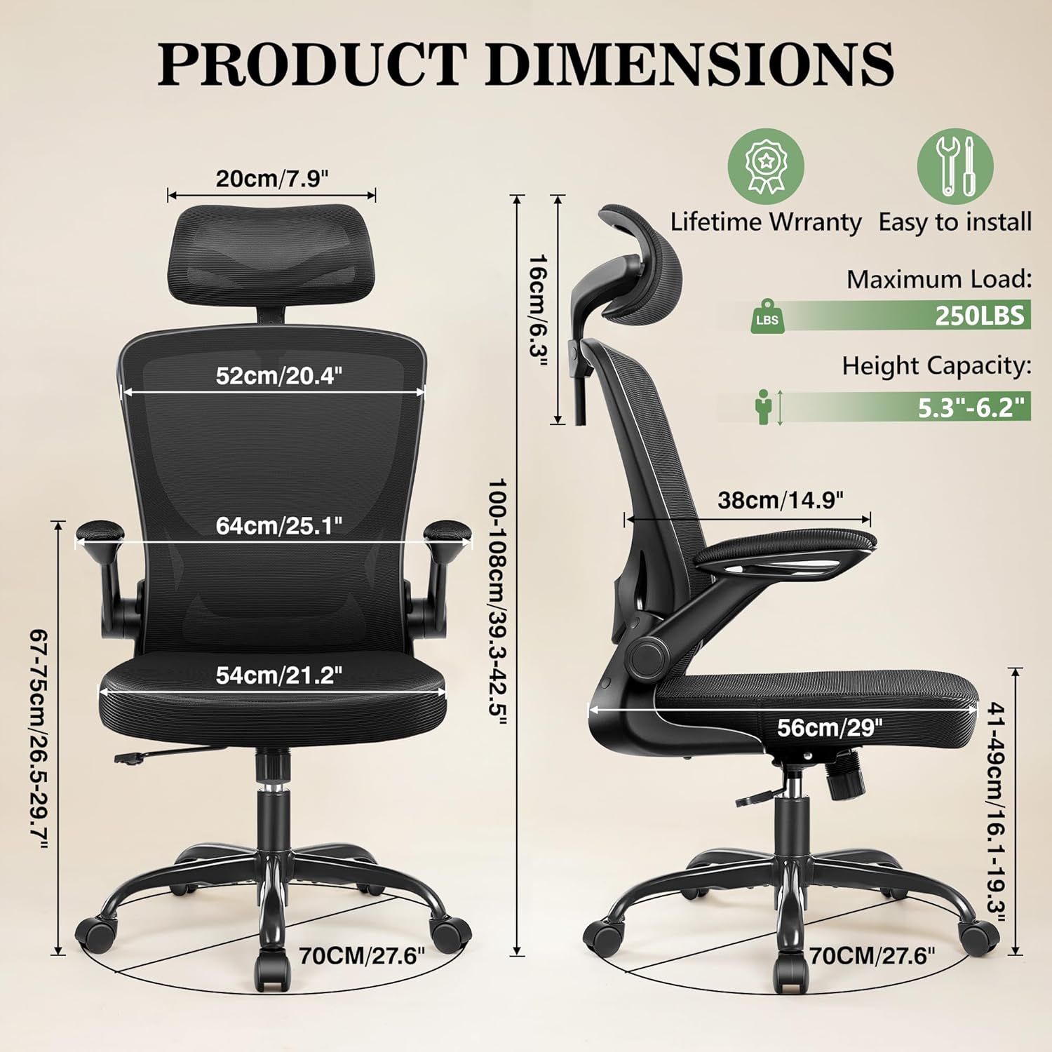 BESTFAIR Office Chair Ergonomic Desk Chair, Breathable Mesh Office Chairs with Adjustable Lumbar Support, Flip-Up Arms, Computer Desk Chair Comfy for Home Office, Black