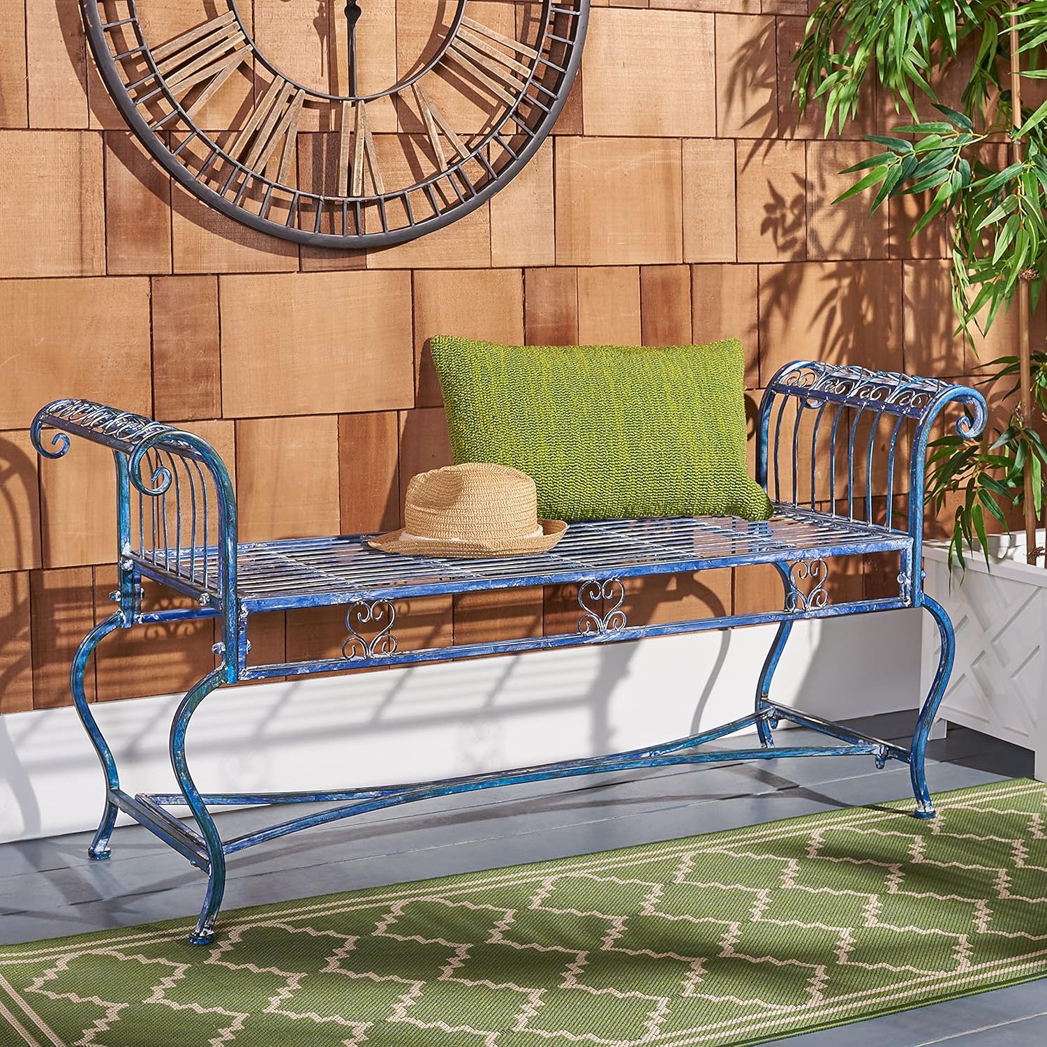 SAFAVIEH Outdoor - Brielle Iron Garden Bench - Mossy Blue - Vintage Ornate Scrollwork Design - Ideal for Patio, Deck, Porch, Garden, 52