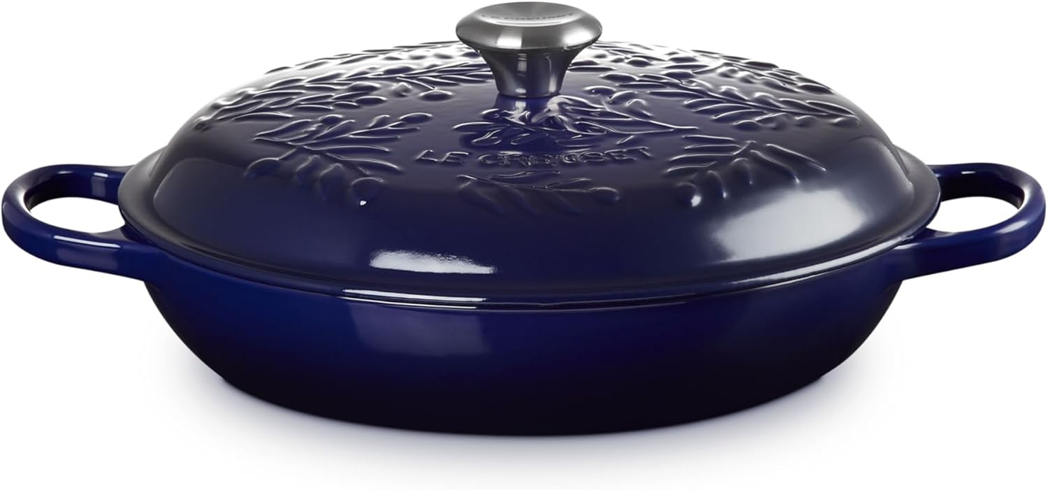 Le Creuset Olive Branch Collection Enameled Cast Iron Signature Braiser, 3.5 qt., Indigo with Embossed Lid