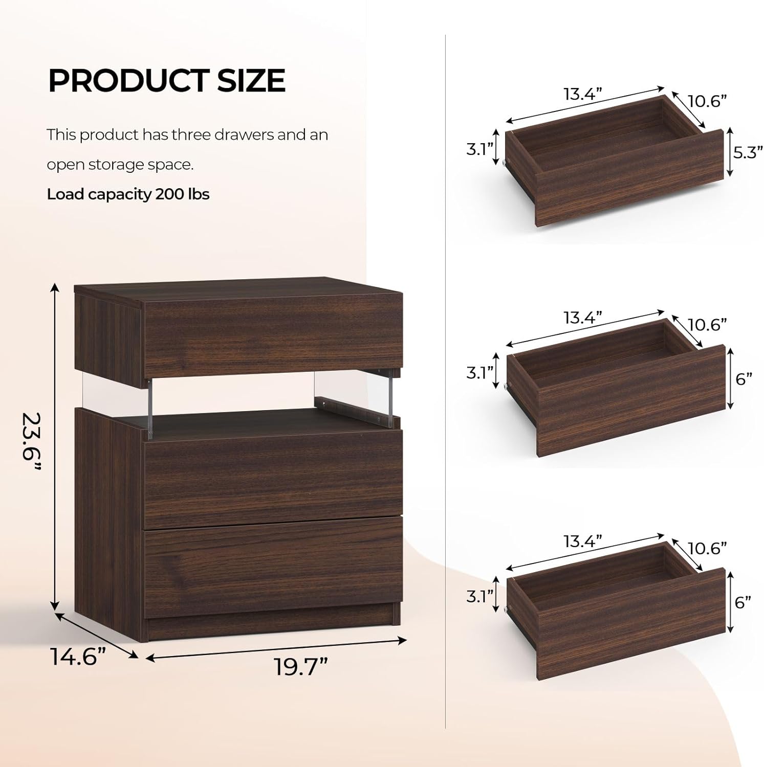 i-aplus Brown LED Nightstand Set of 2,Night Stand Set 2,Modern Night Stand with 3 Drawers,Night Stands for Bedroom Set of 2,Bedside Table Suitable for Small Spaces and Indoor use Capabilities