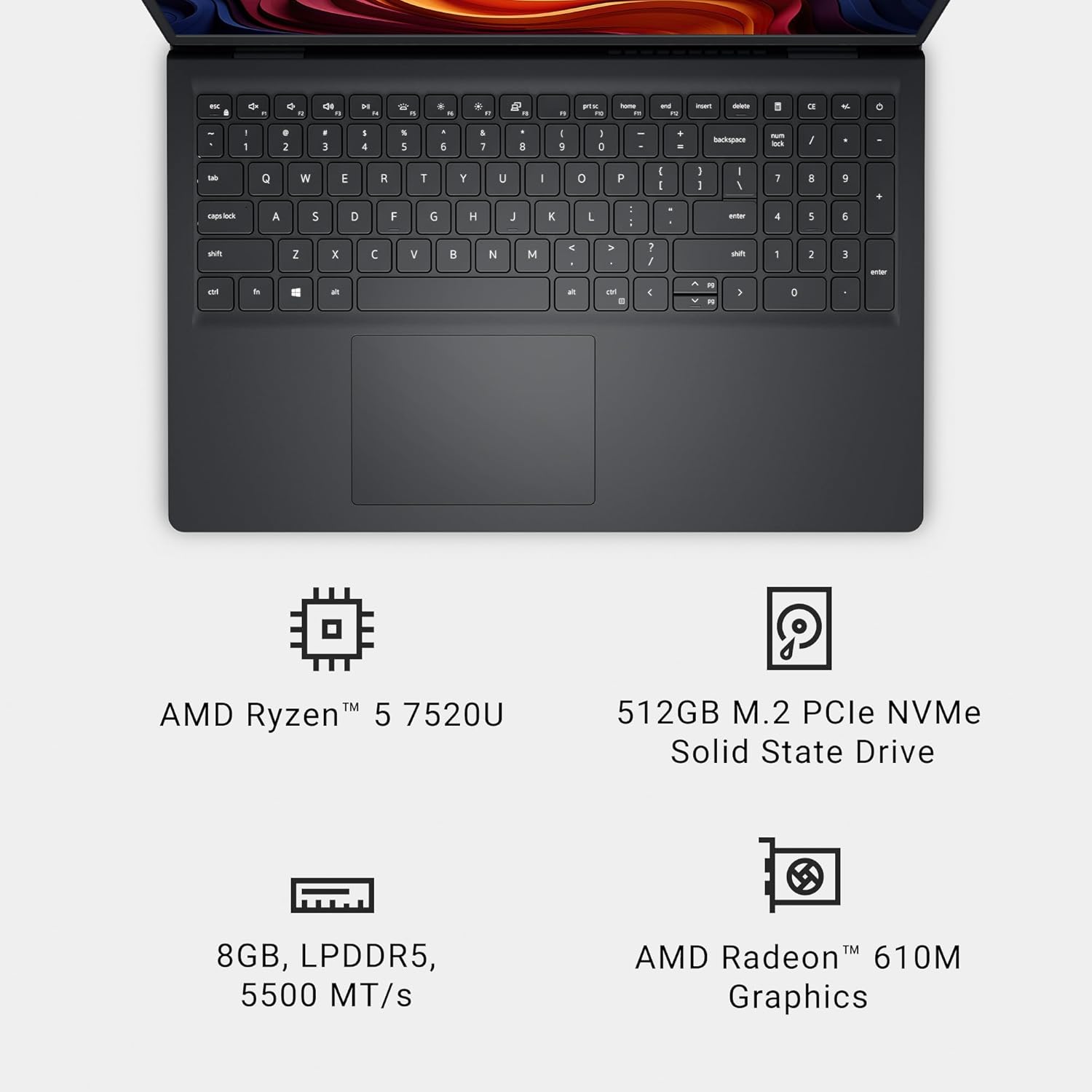 Dell 15 Laptop DC15255-15.6-inch FHD 120Hz Display, AMD Ryzen 5-7520U, 8GB LPDDR5 RAM, 512GB SSD, Radeon 610M Graphics, Windows 11 Home, Onsite Service - Carbon Black