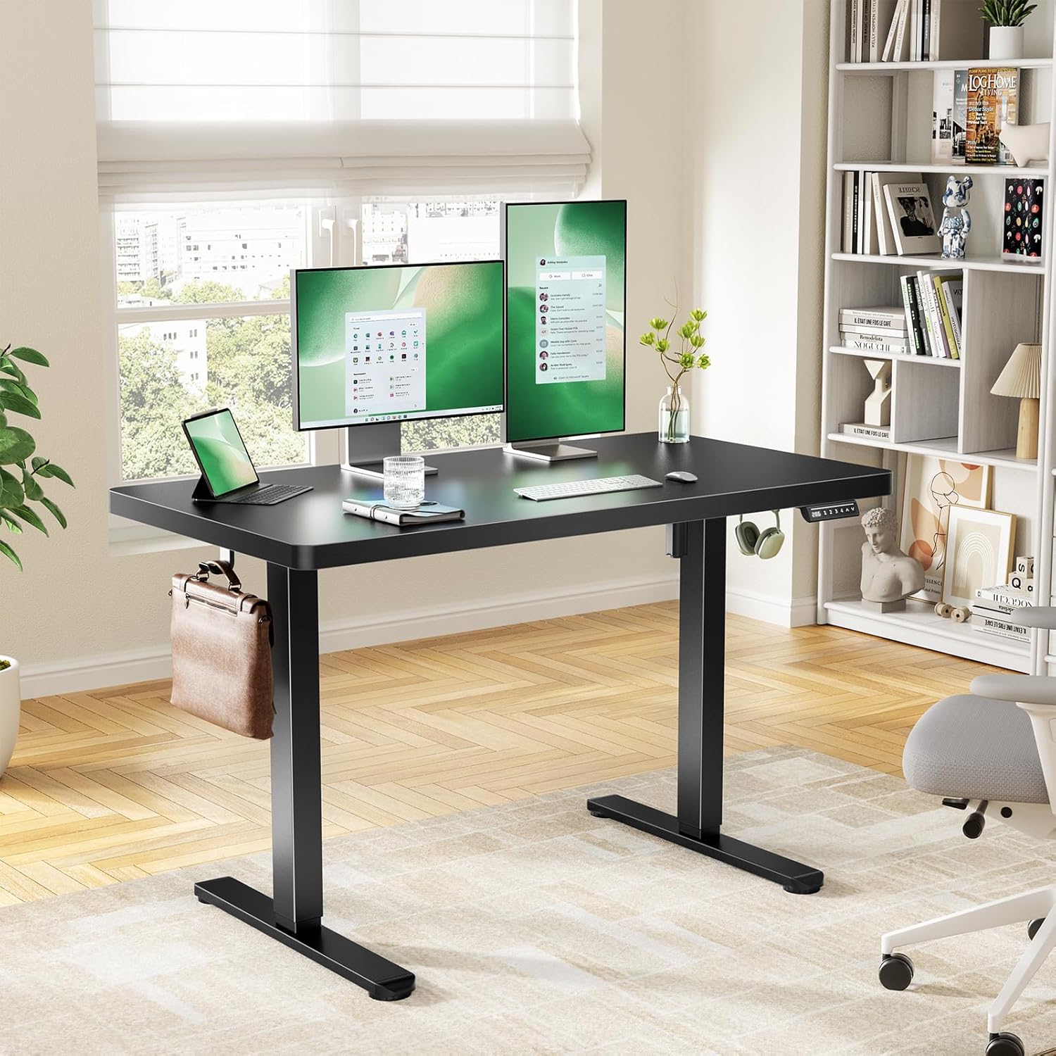 Marsail 55 x 30 Electric Standing Desk with One-Piece Desktop, Sit Stand Desk with Thickened Tabletop, Height Adjustable Stand Up Desk with Cable Management for Home Office(Frame+Desktop, 2 Packages)