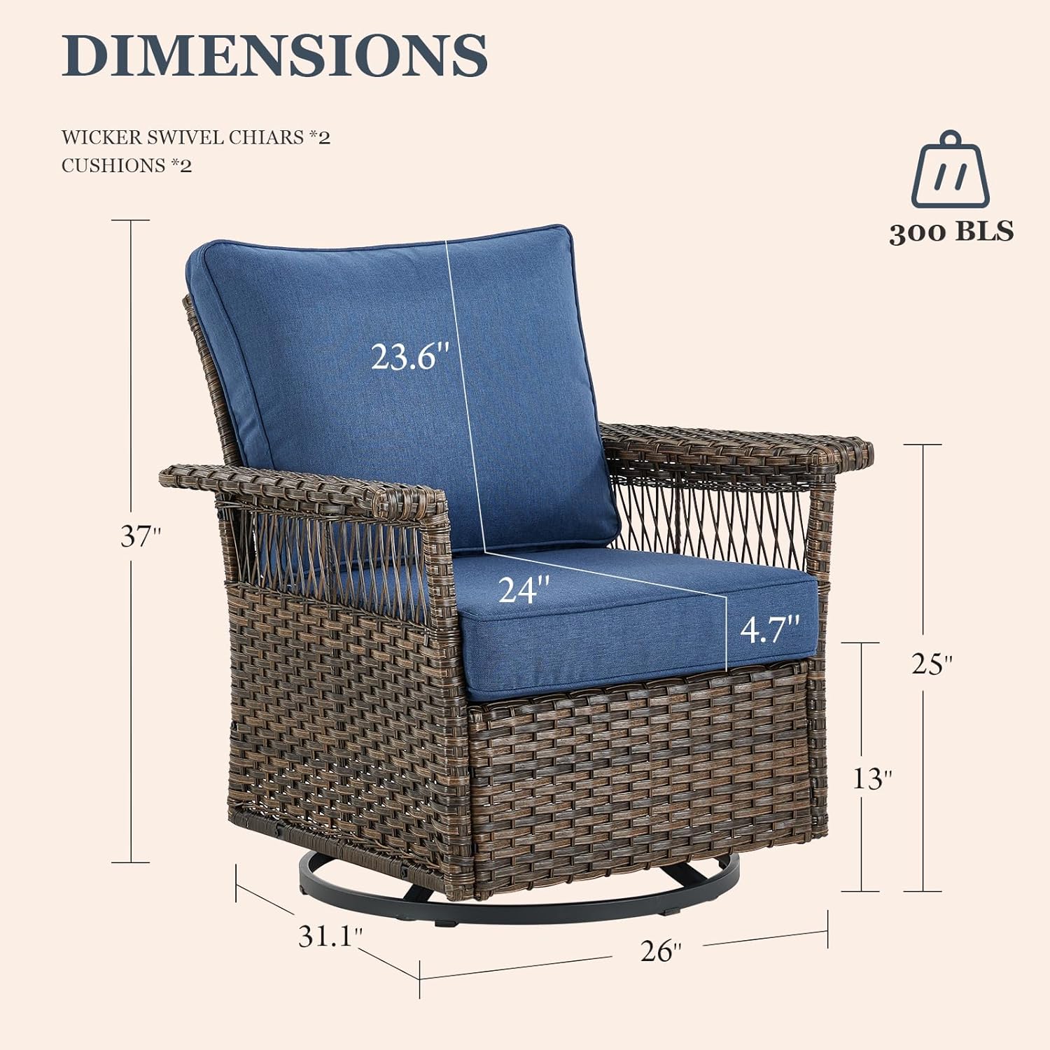 Patio Furniture Set 2 Wicker Swivel Glider Chairs 2 PE Rattan Ottomans with Patio Side Table Brown Wicker Blue Cushions Patio Conversation Set 5pcs for Garden Backyard