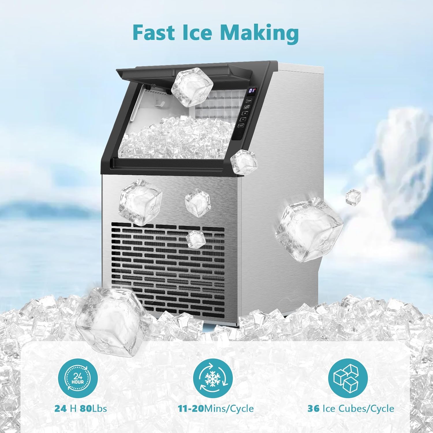 COWSAR Commercial Ice Maker Machine, Self-Cleaning Ice Machine for Home, Bar, Restaurant, Office and Outdoor .80Lbs/24H Freestanding Undercounter Ice Maker with 24Lbs Storage Capacity