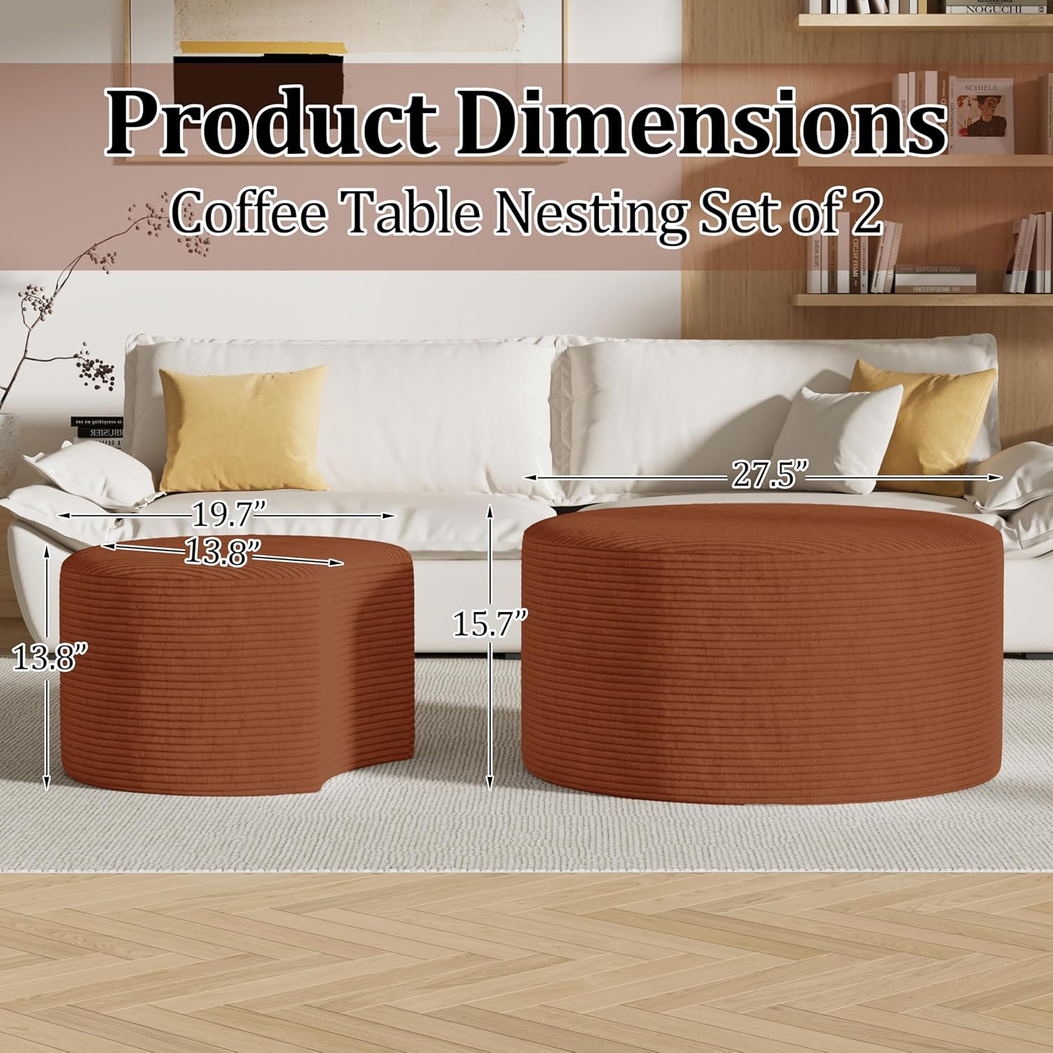 Round Nesting Coffee Table Set of 2,Upholstered Foam Ottoman Footrest Side Table Set,Modern Flannel Circle Coffee Table No Assembly for Living Room Entryway Bedroom,Orange