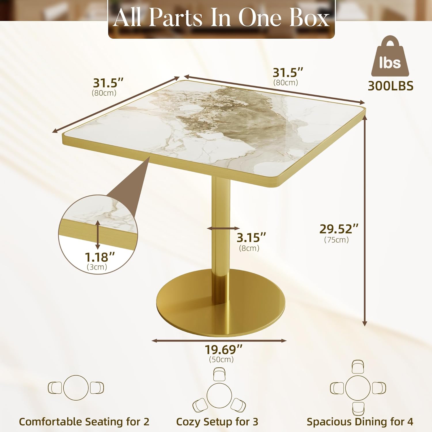 31.5'' Square Modern Dinning Table with Sintered Stone Tabletop, Golden Edge & Pedestal Base, Bistro Tulip Table for 2-4 Person for Dining Room/Cafe/Small Spaces/Restaurant (Platinum Cloud)