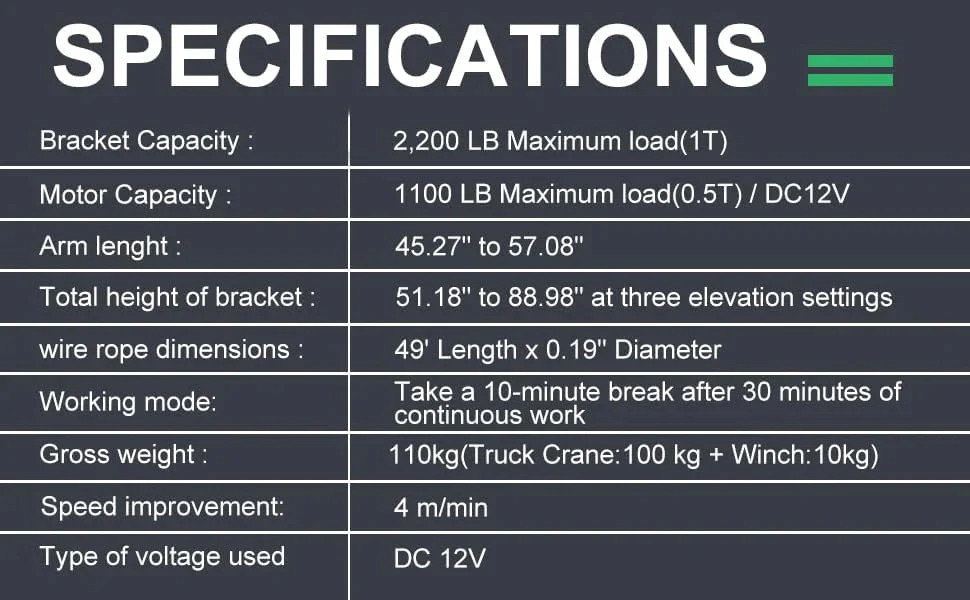 Pismire Winch Versatile 0.5T Folding Truck-Mounted Bed Crane Hoist Lift Pickup with Electric Winch 3500 lb 12V, Painted Steel 1100 lb Pickup 360 Swivel Base