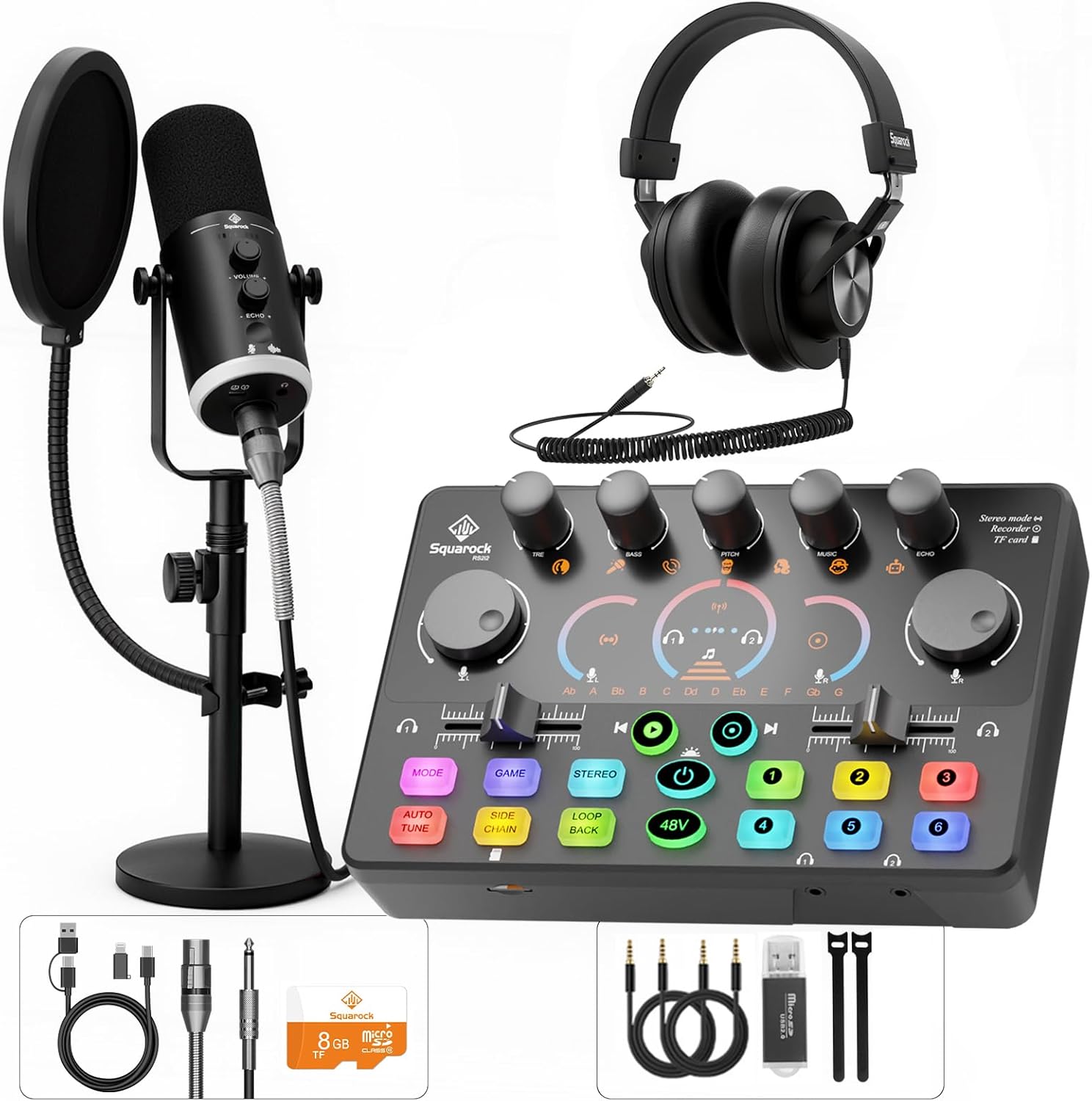 Podcast Equipment Bundle, Dynamic XLR/USB Gaming Microphone & Streaming Audio Mixer with RGB Lights, Perfect for Podcast, Recording, Video Vocal, PC