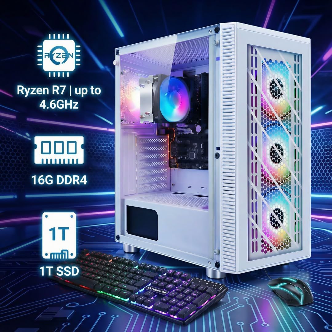 STGAubron RGB PC Computer Desktop, AMD Ryzen 7 5700G up to 4.6G, 16GB DDR4, 1TB SSD, WiFi 6 & BT 5.2, RGB Fan x4, RGB Keyboard & Mouse, Windows 11 Home