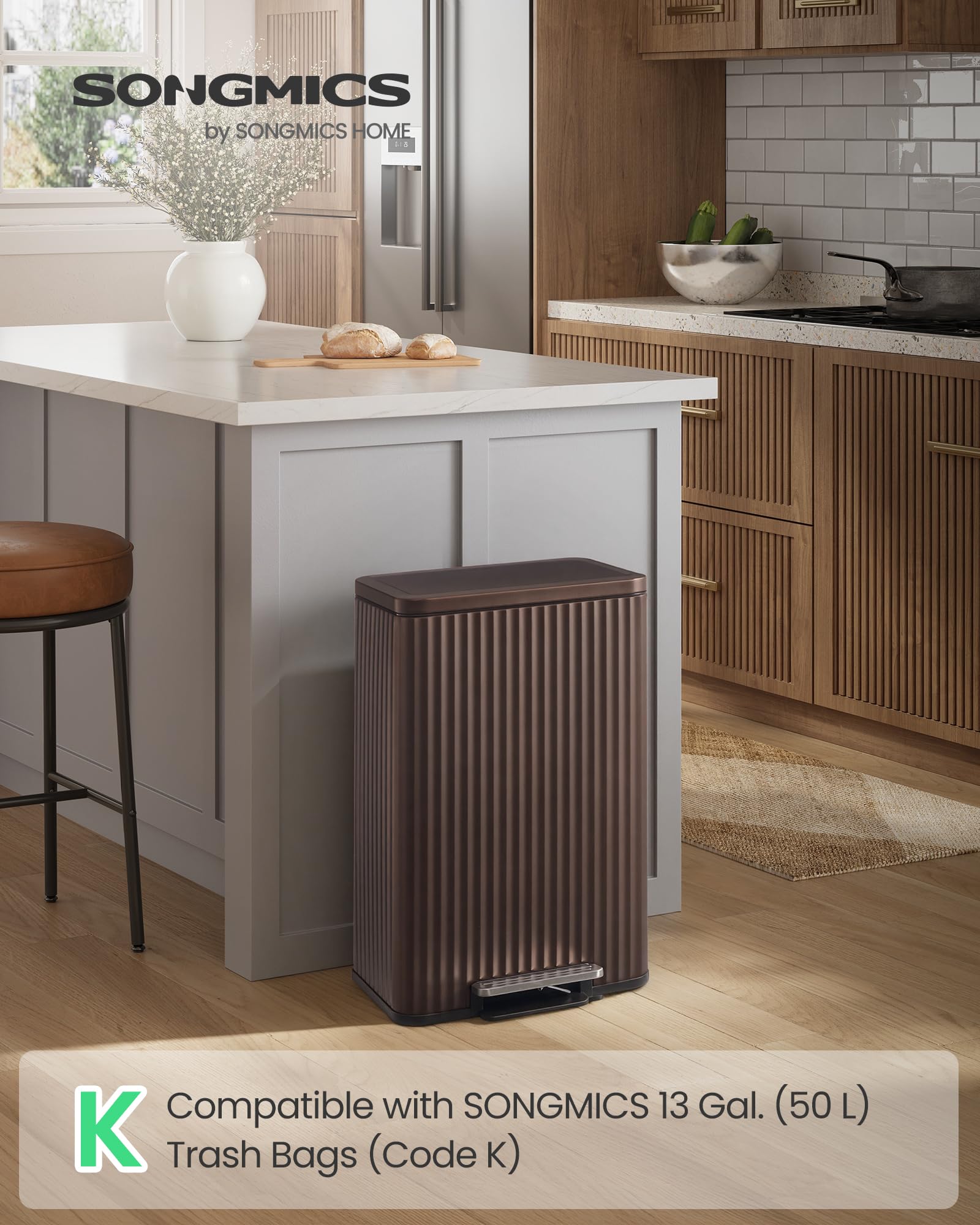 SONGMICS 13 Gallon Stainless Steel Kitchen Trash Can with Lid