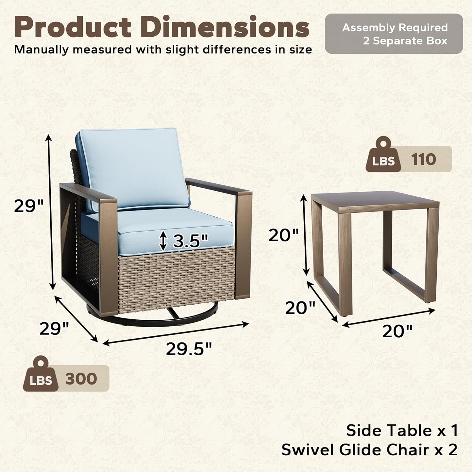 Outdoor Swivel Rocker Metal Chairs Set of 2 with Small Coffee Table - 3 Pieces Patio Bistro Set with Rectangular Framed Wood-Looking Metal Armrest, 360 Degree Glider Chairs, Baby Blue