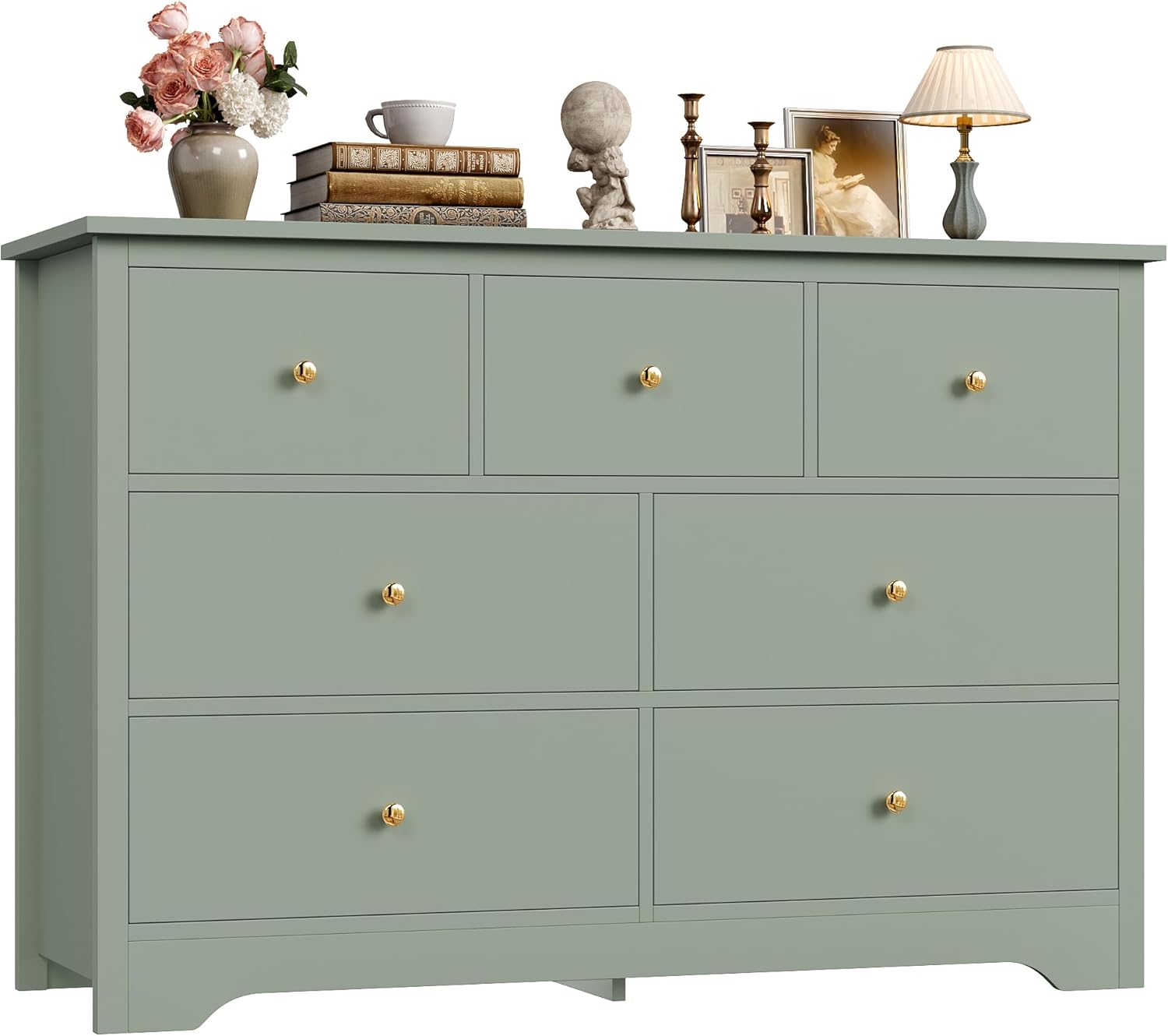 FOTOSOK Green Dresser 7 Drawer with 19'' Deeper Depth, 47.2'' Green Chest of Drawers Modern Dresser with Metal Handles, Dresser Chest of Drawers with Large Drawer Storage Space for Home