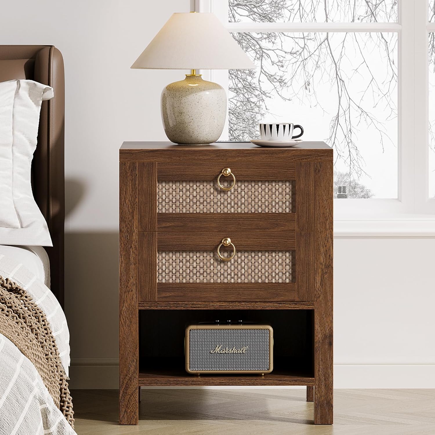 Rattan Night Stand with Drawers - Boho Nightstand with Charging Station, Bedside Table with Storage Shelf, Accent Side Table End Tables Living Room, Wood Nightstands for Bedroom, Walnut