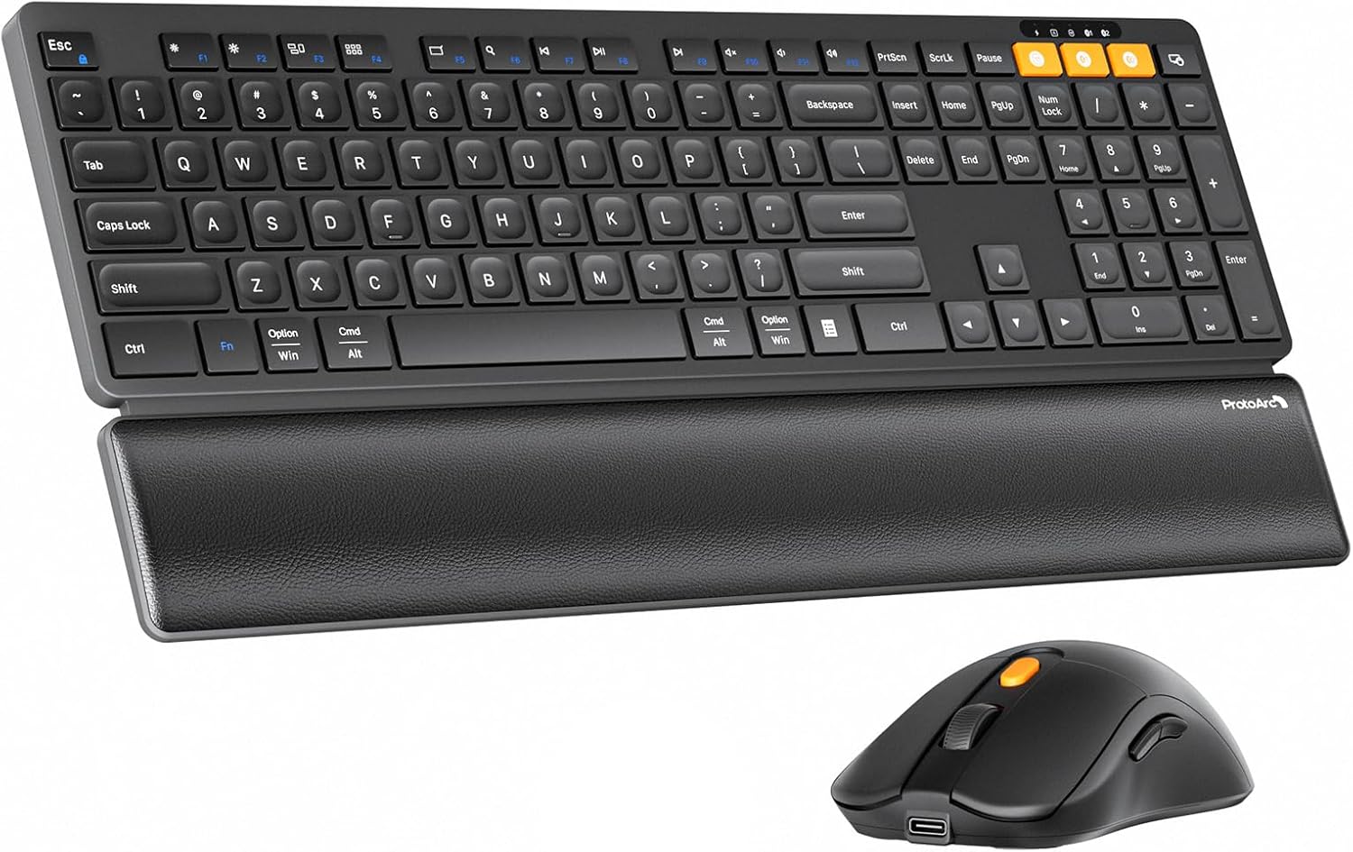 ProtoArc Wireless Bluetooth Keyboard and Mouse Combo, KM60 Multi Device Rechargeable Ergonomic Full Size Keyboard Mouse with Wrist Rest Sleek Design for Laptop, Computer, Mac, MacBook, Windows, Black