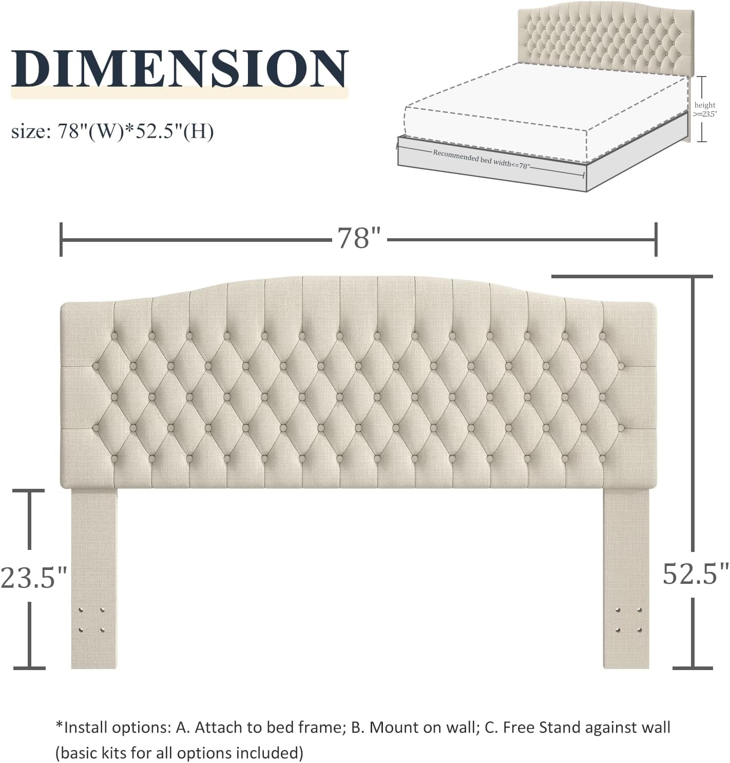 Befurtori King Headboard Only, Upholstered Headboard King Size for Adjustable Bed Linen Tufted Wall Mounted Head Board with Solid Wood Legs, Ivory