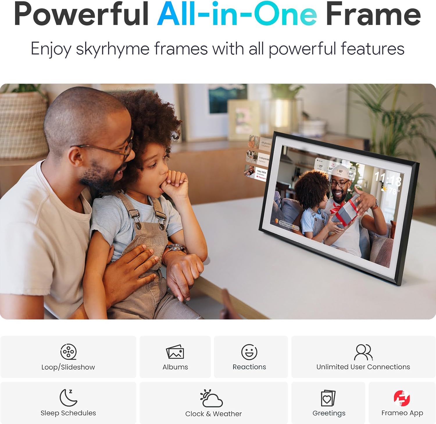 Skyrhyme 15.6'' Digital Picture Frame with 1920x1080 IPS Touch Screen, 32GB Frameo WiFi Digital Photo Frame, Share Photos/Videos and Send Best Wishes via Free App
