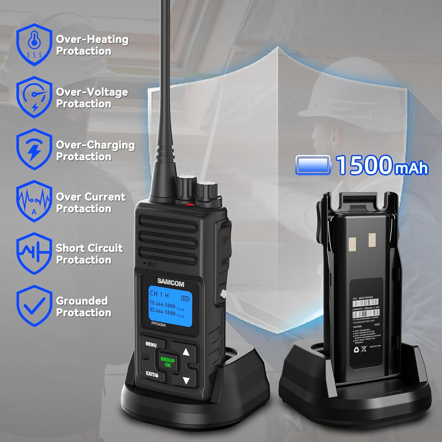 SAMCOM FPCN30A - Professional/Business Walkie Talkies for Adults- 5 Watts Radios 2 Way Long Range Radios for Construction Office School Daycare, Group Call Two-Way Radio Set (3-Pack)