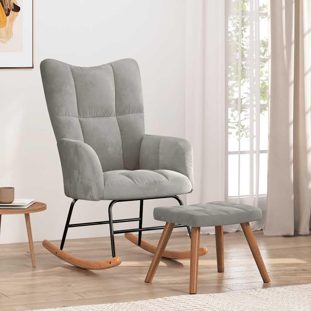 Modern Rocking Chair with Ottoman Set, Upholstered Velvet Nursery Glider Chair with Footrest, Comfortable Reading Armchair for Living Room Bedroom, Light Gray
