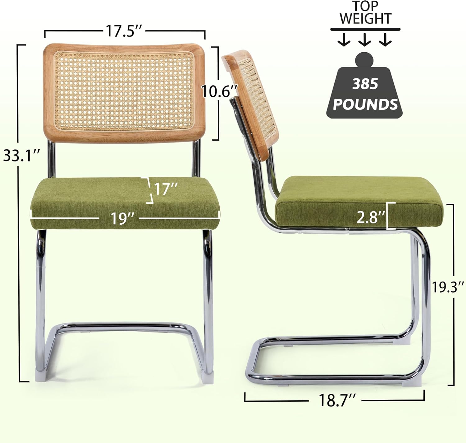 KROFEM Dining Chairs Set of 4, Modern Rattan Kitchen Chairs, Mid Century Modern Design, Polished Chrome Frame, Upholstered Seat, Green