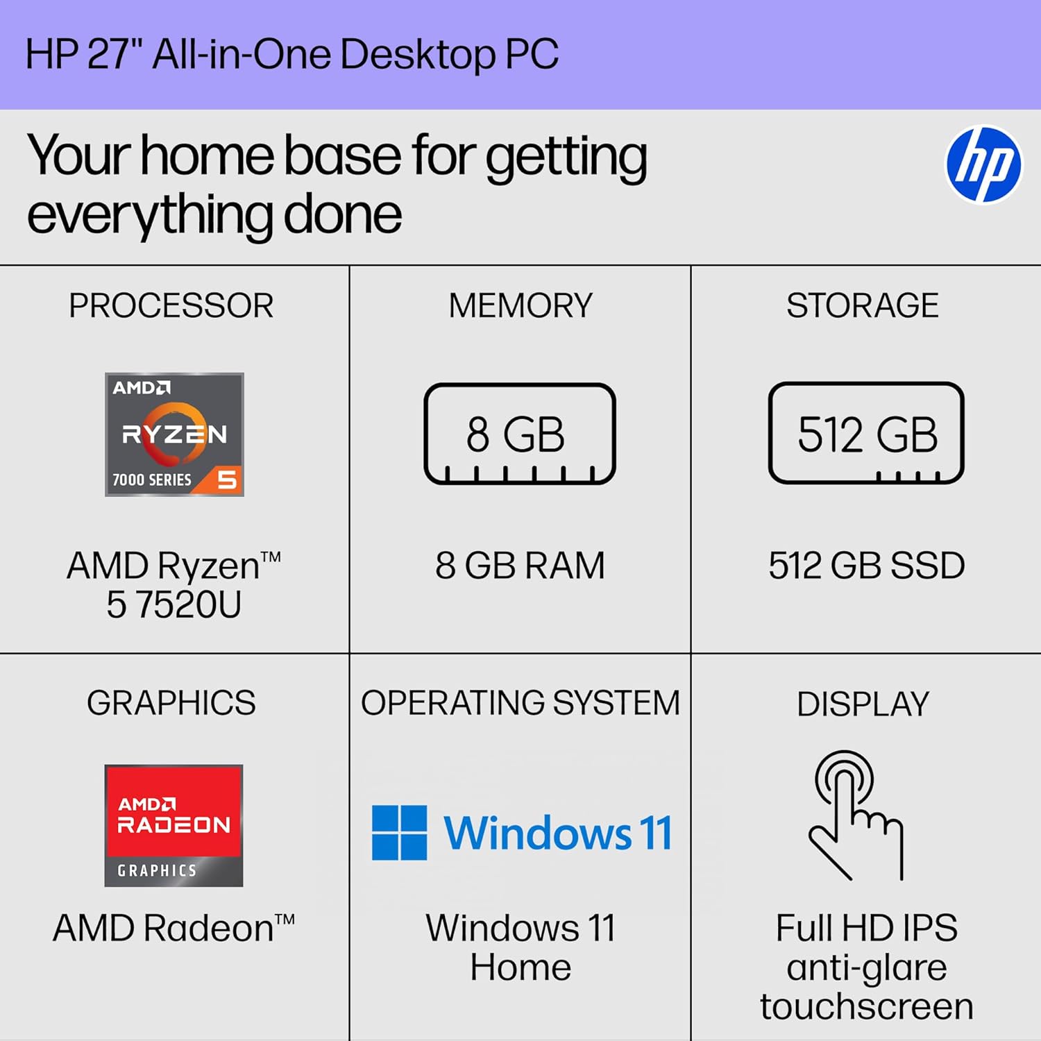 HP 27 inch All-in-One Desktop PC, FHD Touchscreen, AMD Ryzen 5 7520U, 8 GB RAM, 512 GB SSD, AMD Radeon Graphics, Windows 11 Home, Shell White, 27- cr0160 (2025)