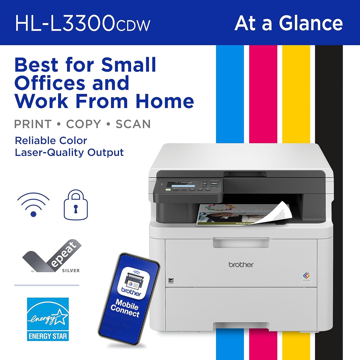 Brother HL-L3300CDW Wireless Digital Color Multi-Function Printer with Laser Quality Output, Copy & Scan, Duplex, Mobile | Includes 2 Month Refresh Subscription Trial ¹, Works with Alexa