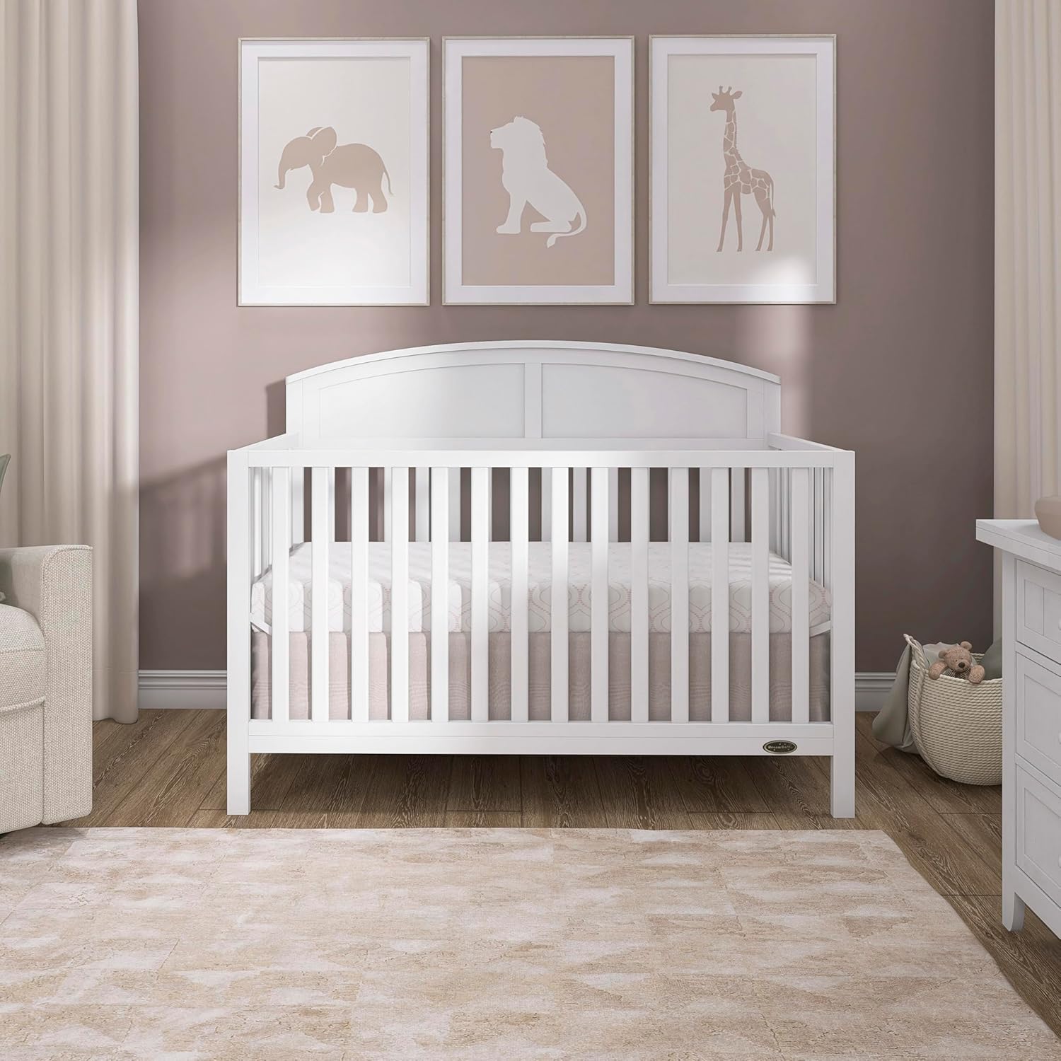 Dream On Me Storybrooke 5-in-1 Convertible Full-Size Baby Crib, GreenGuard Gold & BSA Certified, Convert to Toddler, Day & Full-Size Bed Sustainable Pinewood, 3 Mattress Height Settings - White