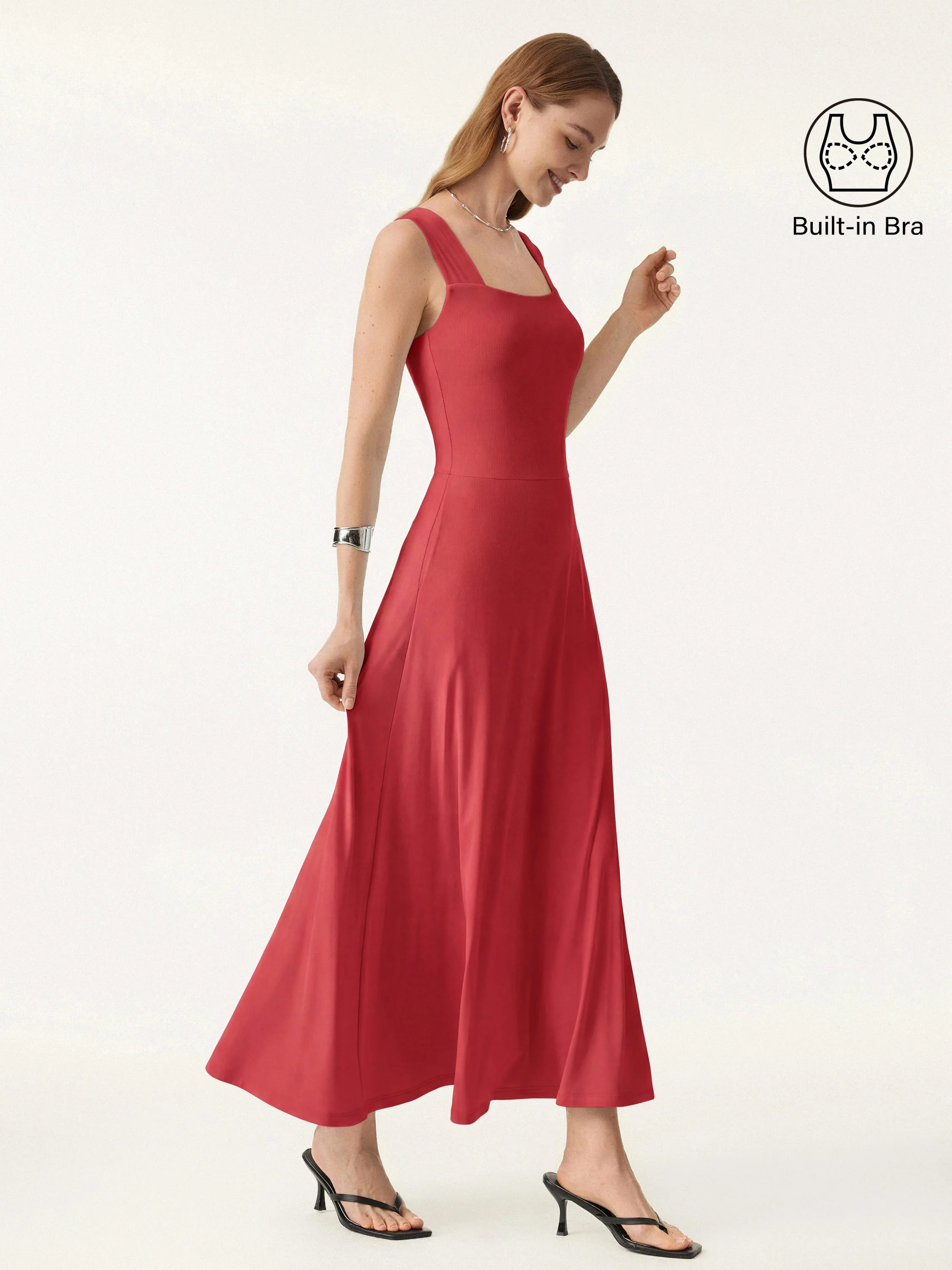 Flowy Square Neck Wide Straps Midi Bra Dress with Pockets
