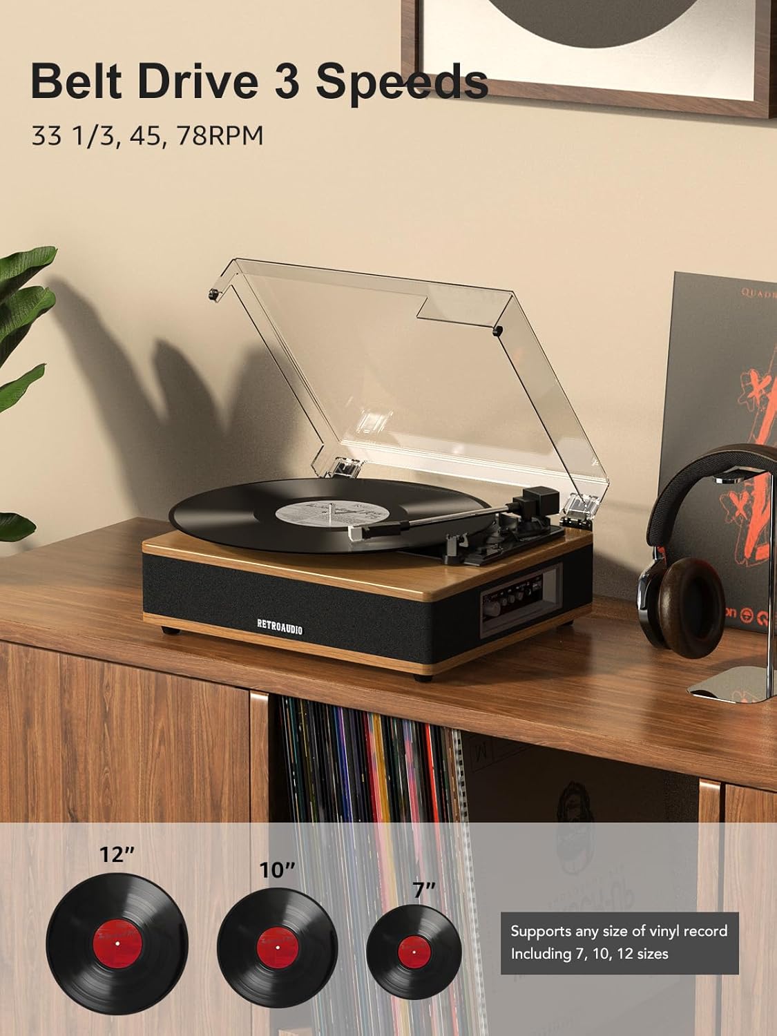 Vinyl Record Player with Built-in Speakers Bluetooth Record Player Support Bluetooth in & Out High Fidelity 3-Speed Turntable with AT-3600L Magnetic Cartridge Support RCA Output Auto Stop