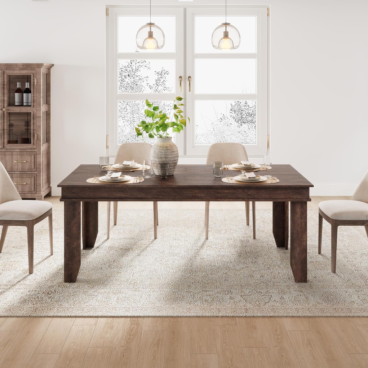 GarveeHome Farmhouse Dining Table for 6-8 People, 71 in Long Kitchen Tables with Wooden Sturdy Frame, 6 ft Large Rectangular Dinner Table for Dining Room, Kitchen, Dark Walnut, 71