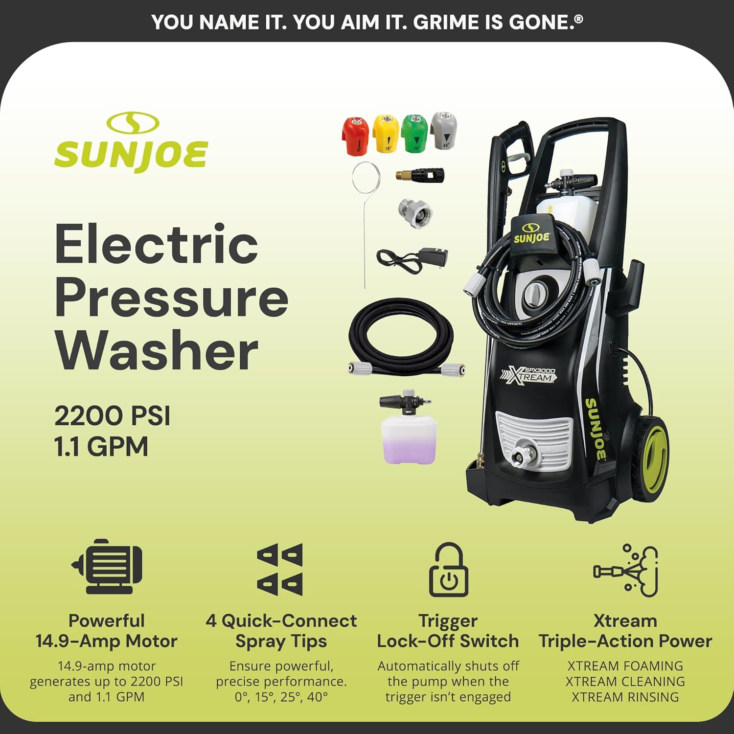 Sun Joe SPX3000-XT XTREAM 2,200 PSI Pressure Washer with 14.9A Motor, Includes 4 Quick-Connect Nozzles, High-Pressure Hose, Garden Hose Adapter, and 35-Foot Power Cord