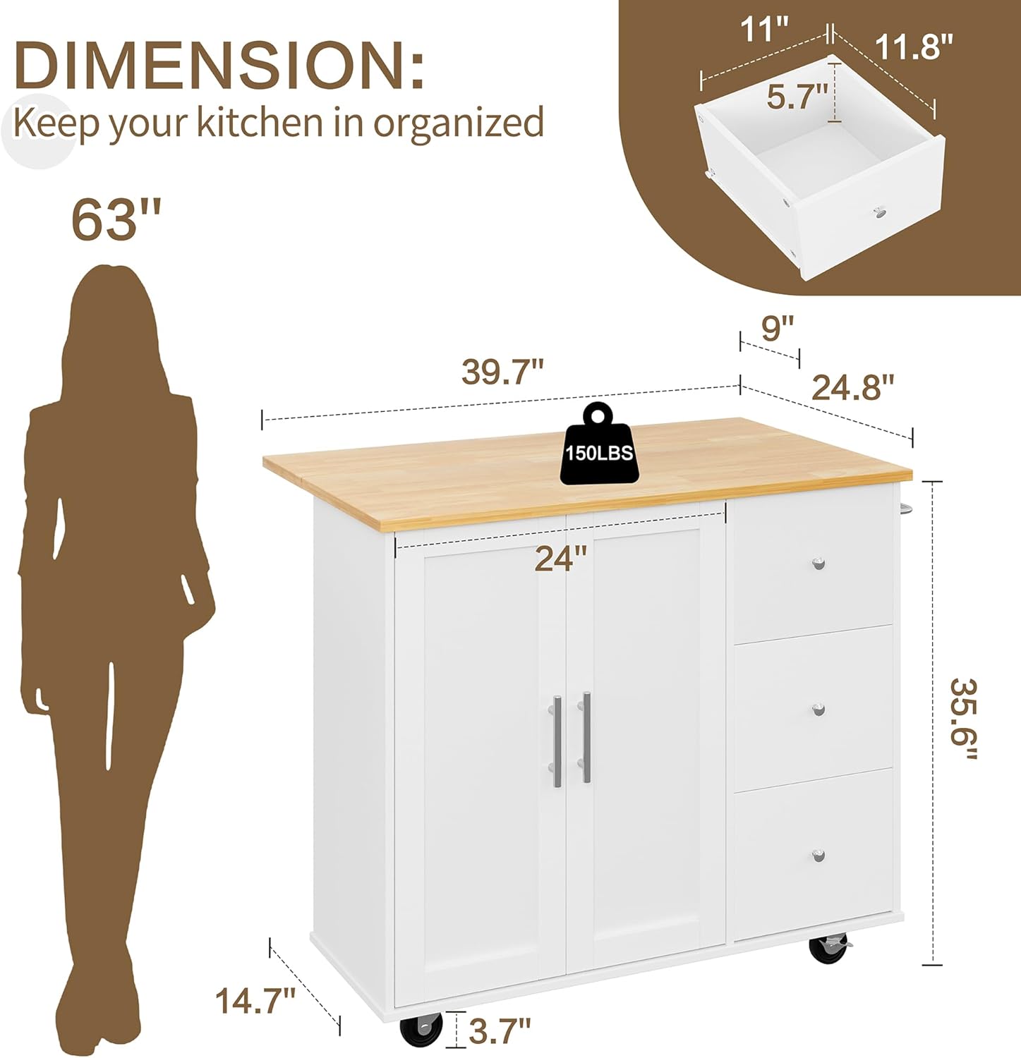 SUNLEI Kitchen Island with Storage Cabinet & Foldable Drop Leaf, Buffet Sideboard Cabinet, Cart Handle for Towel Rack, Drop Leaf, Portable Islands for Kitchen (Stylish White, 39.7-INCH)