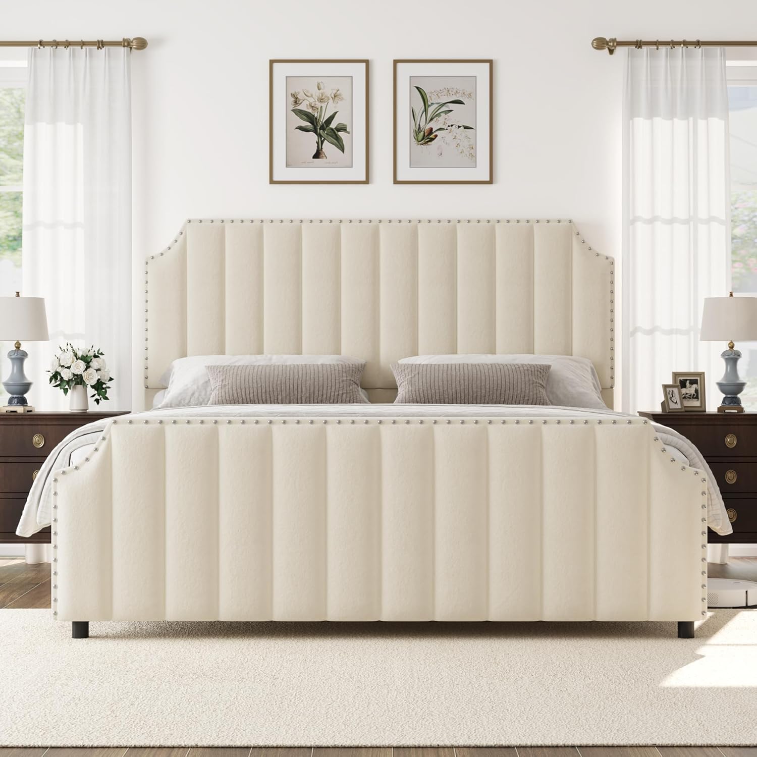 GarveeHome King Size Platform Bed Frame with 50.2 in Headboard, Velvet Upholstered Bed Frame with Vertical Channel Tufted Headboard & Footboard, Nailhead Trim, No Box Spring Needed, Cream