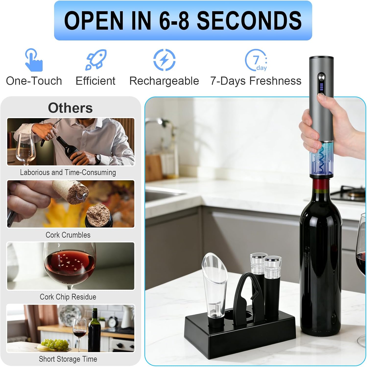 Electric Wine Opener, Automtic Wine Bottle Opener, USB-C Rechargeable Wine Opener Set with Foil Cutter, Wine Aerator Pourer, 2 Vacuum Stoppers and Storage Base
