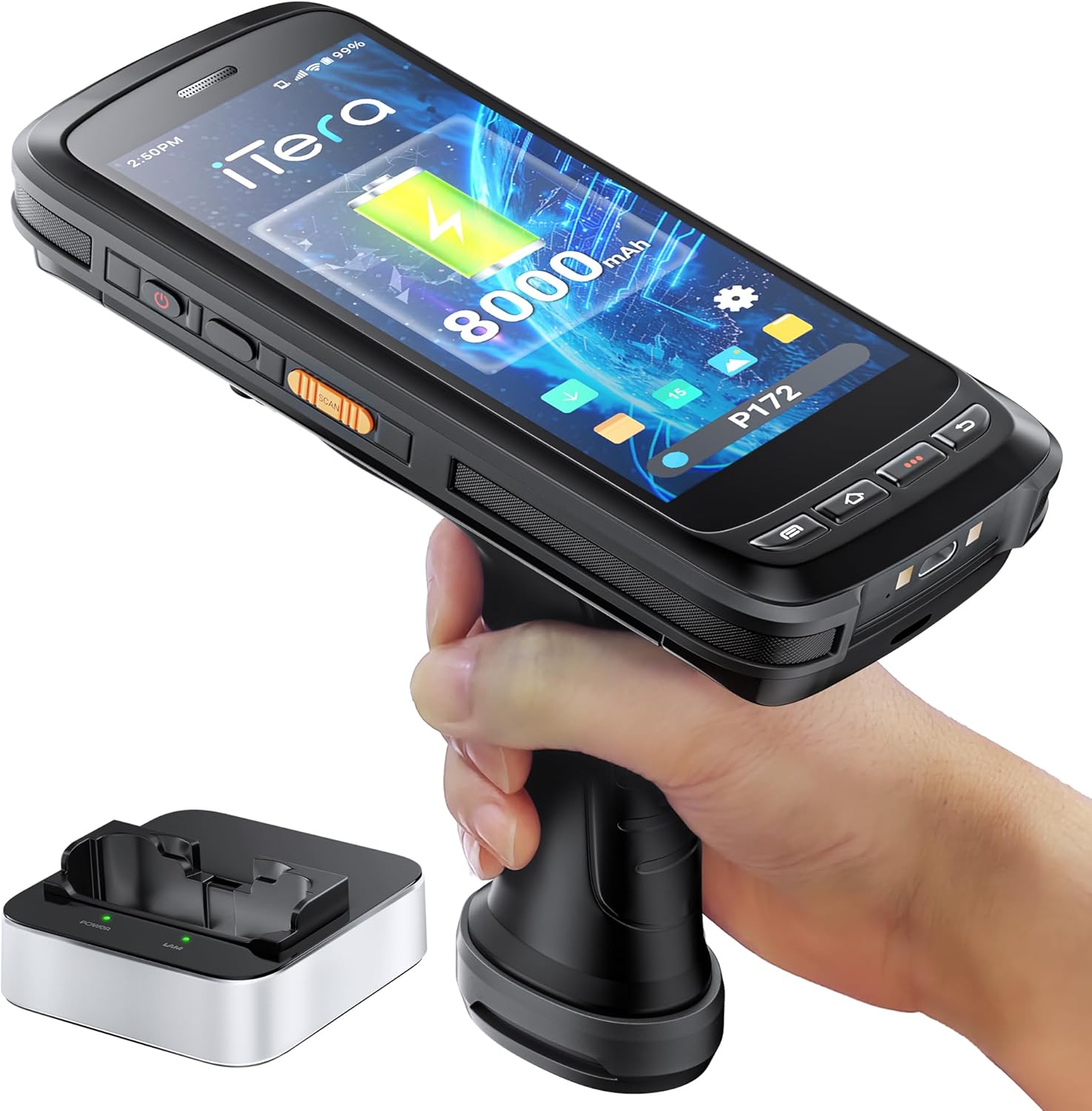 Android 13 Barcode Scanner PDA: SE4710 2D Scanner 8000mAh Battery with Charging Cradle and Pistol Grip Rugged IP65 Handheld Computer for Warehouse Logistics P172