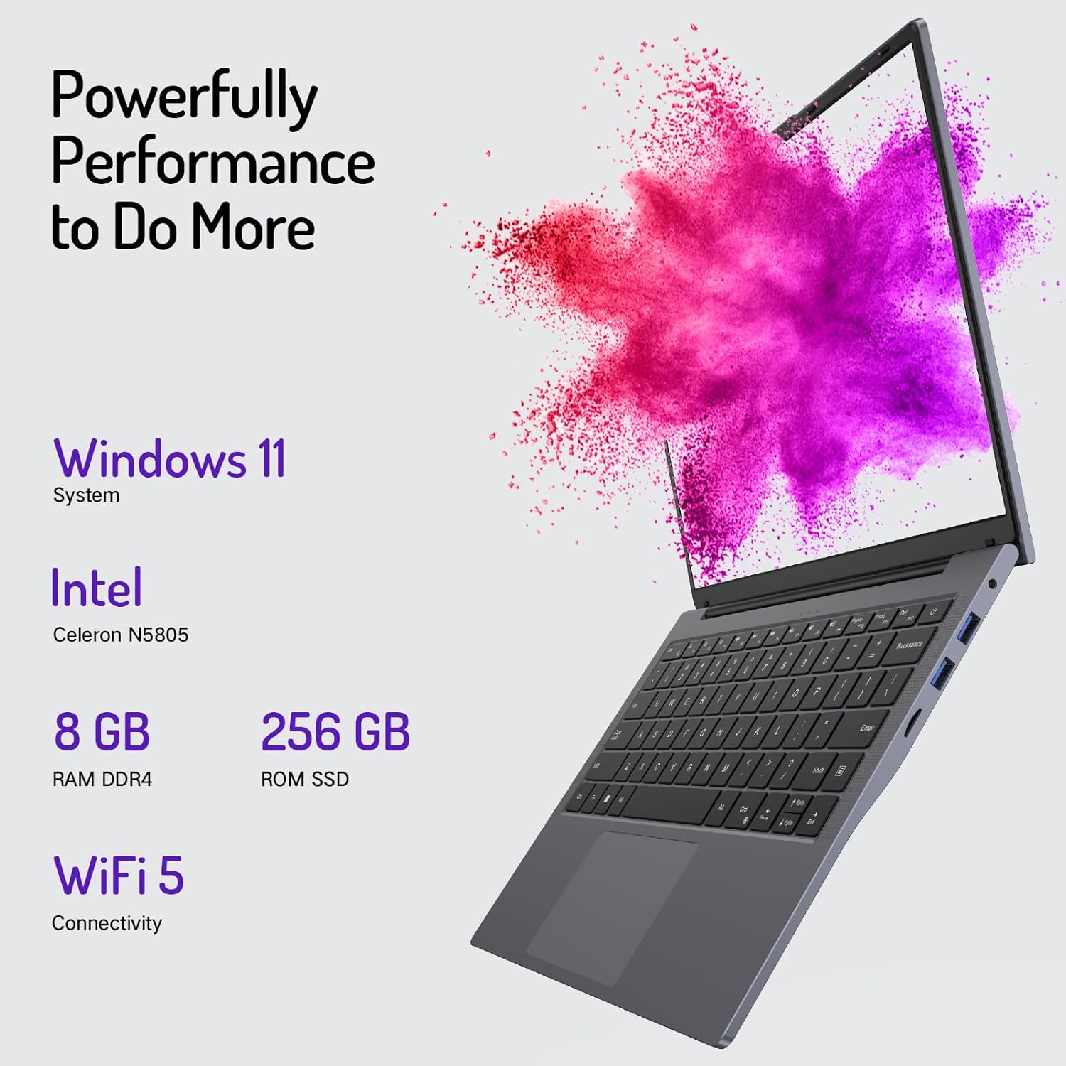 DERE 14 inch Laptop,Gaming PC Coumpter,8GB RAM 256GB SSD| 1920x1200 FHD+ IPS Display| N5805|Win11,HDMI & Wi-Fi|for Study, Office,Business,|Silver Gray