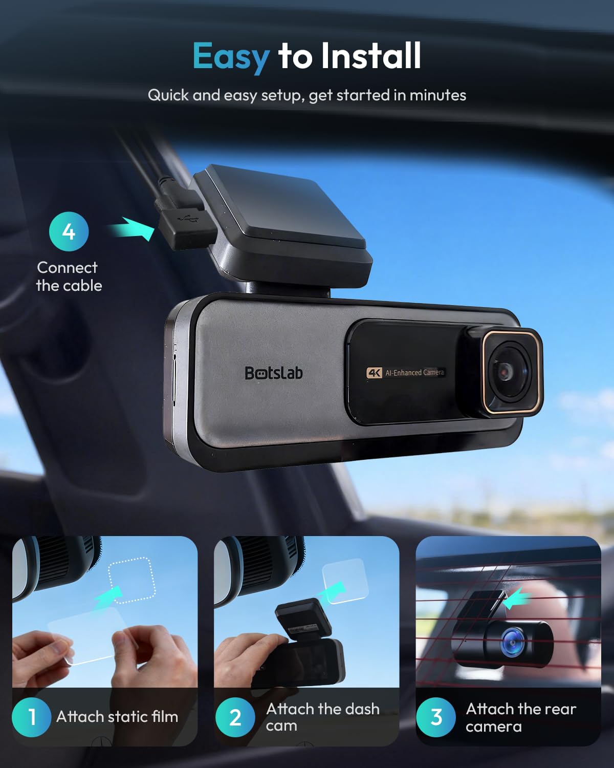 BOTSLAB 4K Dash Cam Front and Rear with Night Vision & GPS