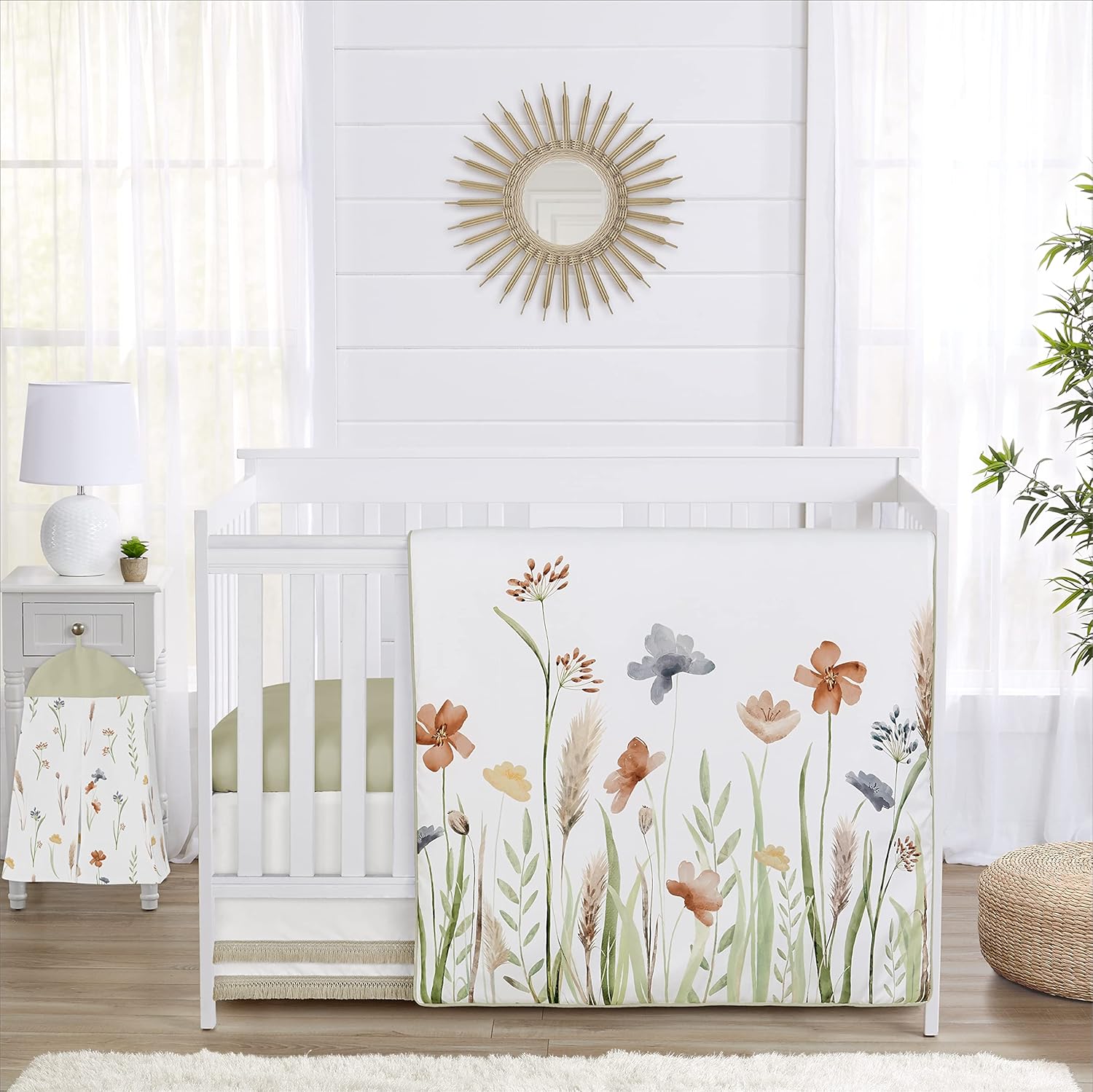 Sweet Jojo Designs 4-Piece Baby Crib Bedding Set (Green Boho Floral) for Girls, Infants/Nursery incl. Blanket, Fitted Sheet, Skirt, Diaper Stacker (Flower, Garden, Bohemian, Farmhouse, Wildflower)