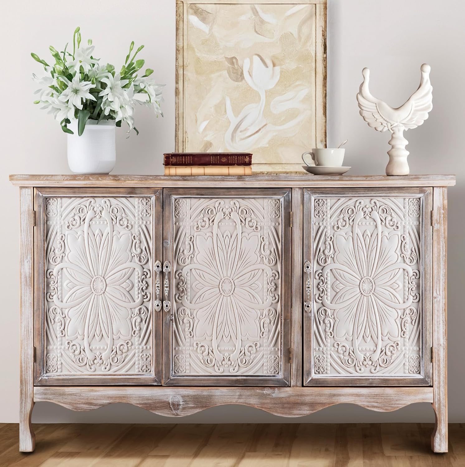 FansaFurn Accent Storage Cabinet with 3 Carved Doors and Shelves, Farmhouse Sideboard Buffet Sideboard with Storage, Wood Kitchen Cabinet for Living Room, Entryway, Dining Room and Kitchen, Wash Grey
