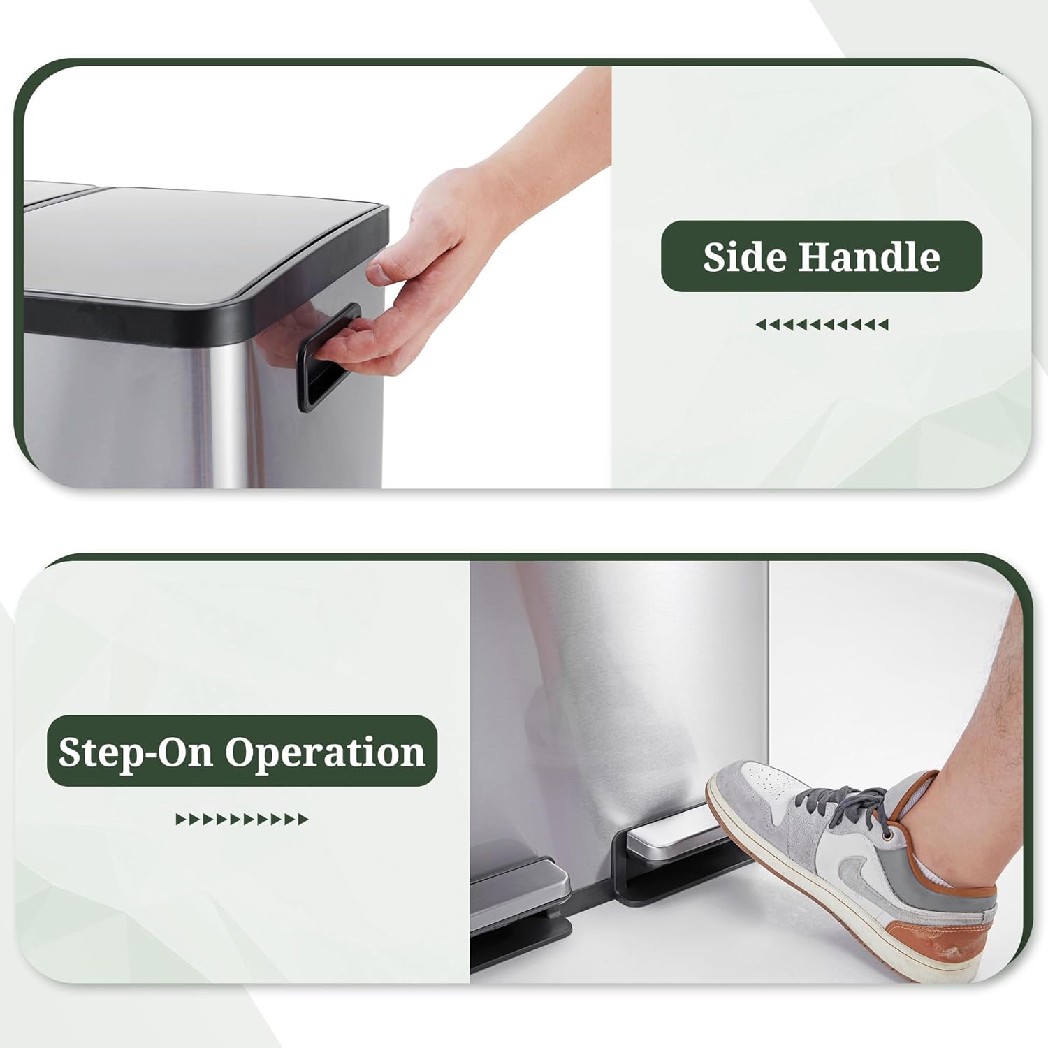 Kitchen Trash Can, 16 Gallon Dual Compartment Garbage Bin with Quiet Close Foot Pedal, Stainless Steel