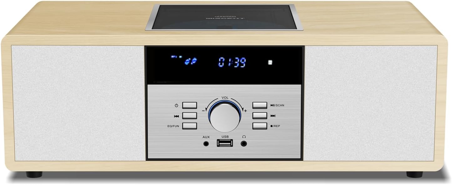 Bluetooth Stereo System for Home with CD Player, Vintage Wooden Hi-Fi Music System with Bluetooth, FM Radio, AUX & USB Input, Remote Control, Compact Radio & Stereo