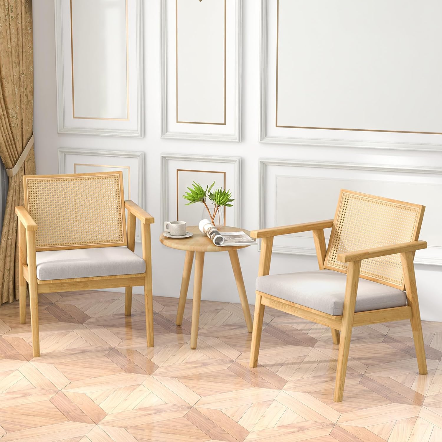 Giantex Modern Rattan Accent Chair Set of 2, Mid Century Accent Chairs w/Curved Backrest, Detachable Padded Seat Cushion, Solid Rubber Wood Frame, Comfy Armchairs for Living Room, Bedroom, Natural