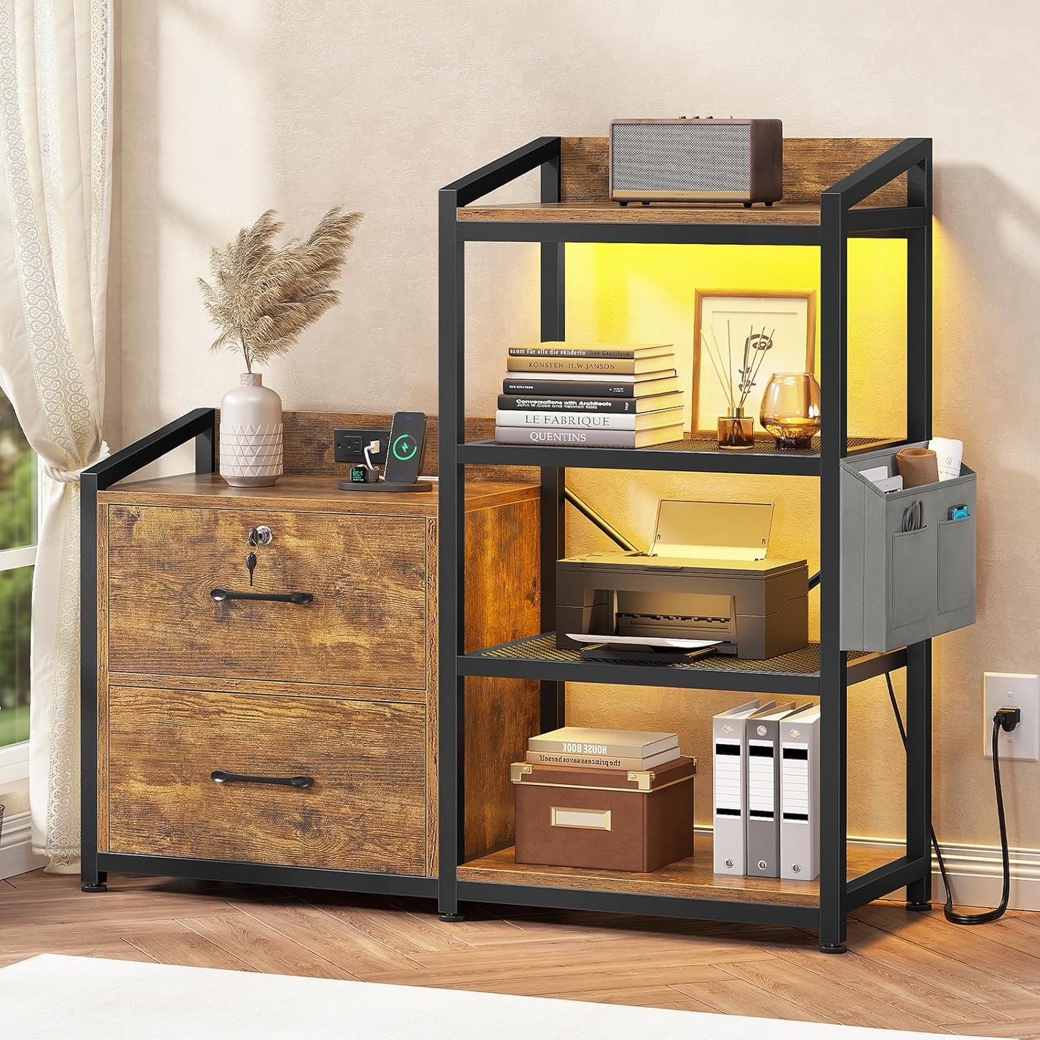 SEDETA 35.4” File Cabinet, Filing Cabinet fits Letter/A4 Size, 2 Drawe File Cabinets for Home Office with Power Strip, LED Lights, Lock, Open Shelf, Rustic Brown