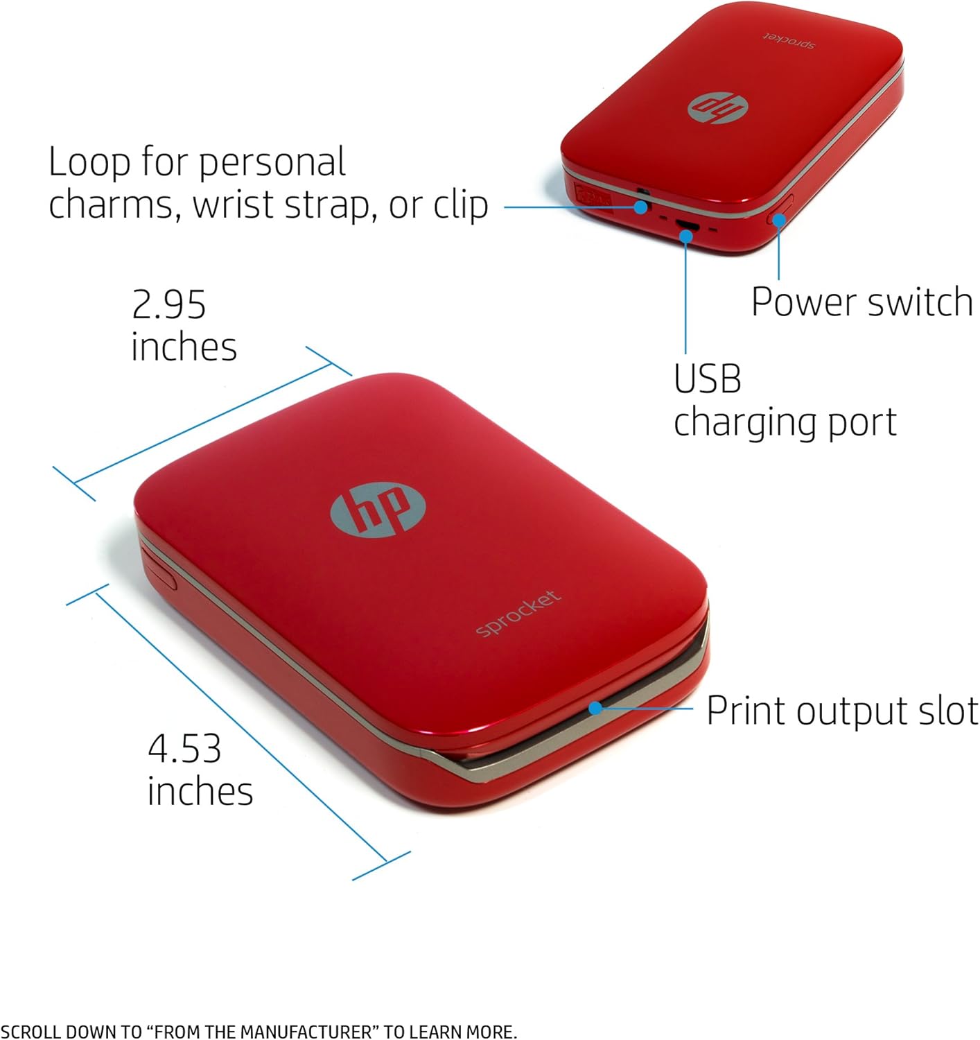 HP Sprocket Portable Photo Printer, print social media photos on 2x3 sticky-backed paper - red (Z3Z93A)