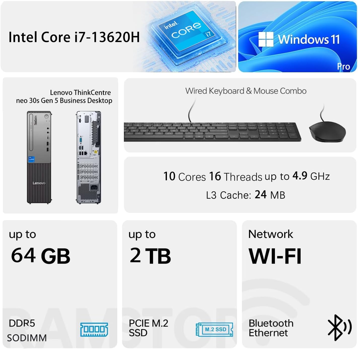 Lenovo ThinkCentre Small Form Factor Business Desktop, 13th Gen Intel Core i7-13620H, 16GB DDR5, 512GB SSD, HDMI, VGA, Wi-Fi, Wired KB & Mouse, Windows 11 Pro, Bundle with Adata 64GB USB Flash Drive
