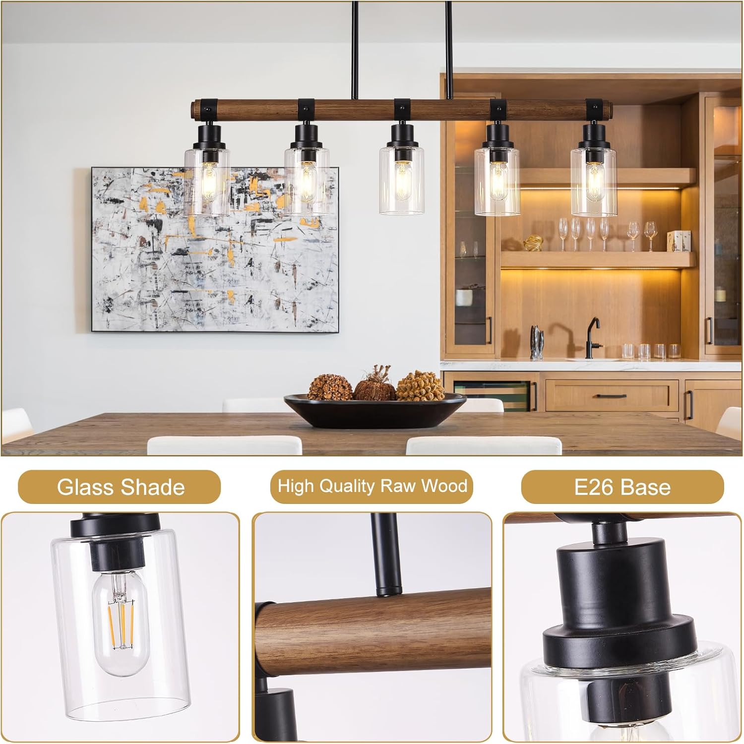 Dining Room Chandelier Over Table, 5-Light Farmhouse Kitchen Island Lighting, Matte Black Rustic Wood Chandelier with Clear Glass Shade, Ceiling Pendant Light Fixture for Kitchen